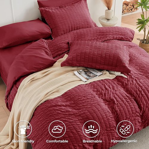 HYMOKEGE Burgundy Comforter Set - 7-Piece All-Season Luxury Bedding Set with Sheets & Pillowcases
