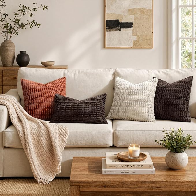 MIULEE Pack of 2 Corduroy Decorative Lumbar Throw Pillow Covers 20x12 Inch Soft Boho Striped Pillow Covers Modern Farmhouse Home Decor for Sofa Living Room Couch Bed Dark Brown
