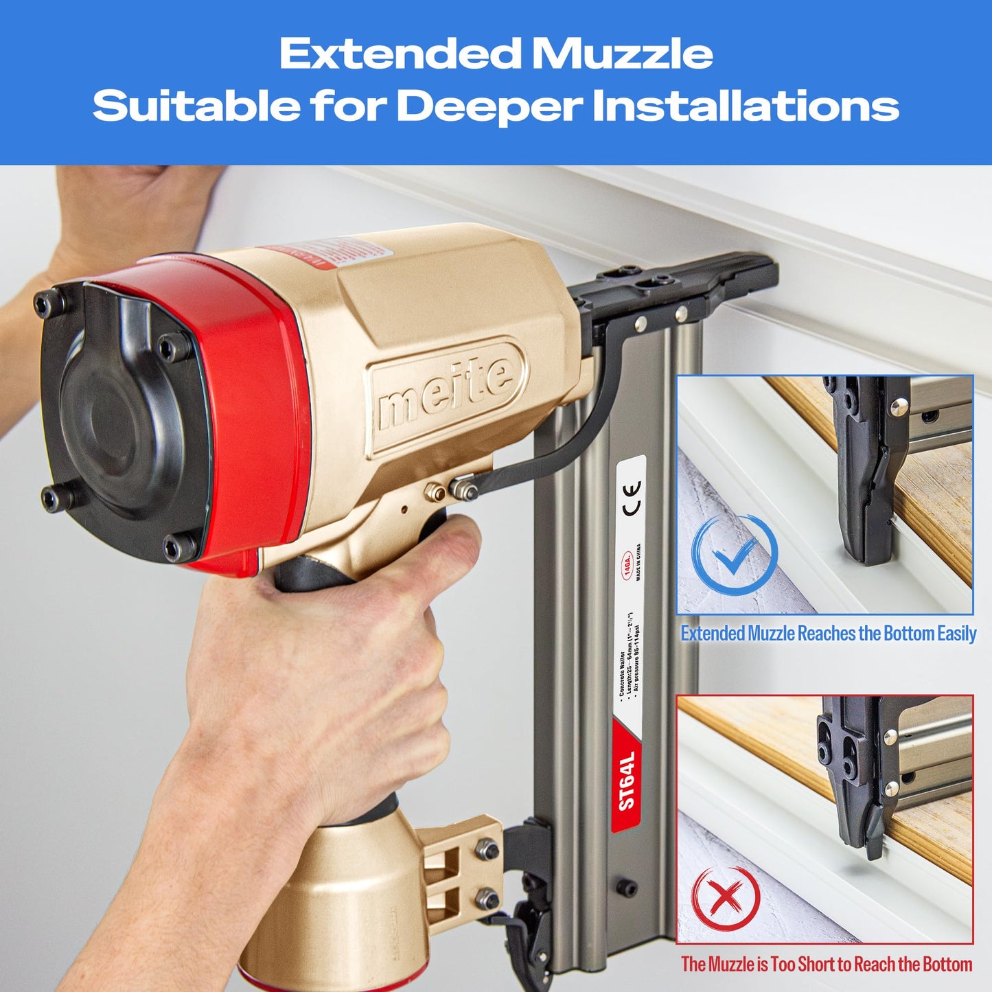 meite ST64L Concrete Nail Gun with 14 Gauge 1-1/4 Inch T Nails, Heavy Duty Pneumatic Concrete T-Nailer Gun for Wood-to-Concrete Projects, 100PCS Magazine