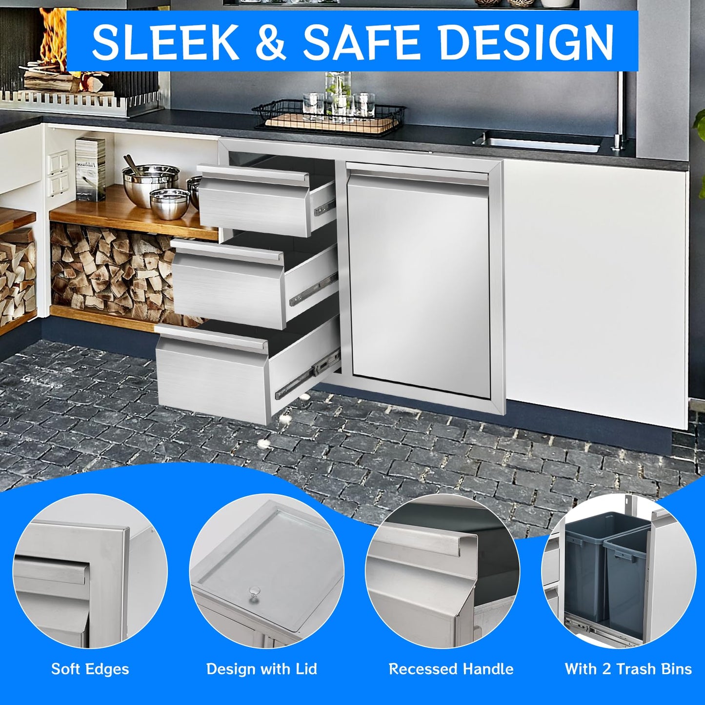 Duluciate Outdoor Kitchen Drawer Combo, Stainless Steel Triple Drawer Cabinet with Built-in Trash Bin Drawer & Two Trash Cans, 28" W x 22" H x 19.5" D Outdoor Kitchen Storage for BBQ Grill Islands