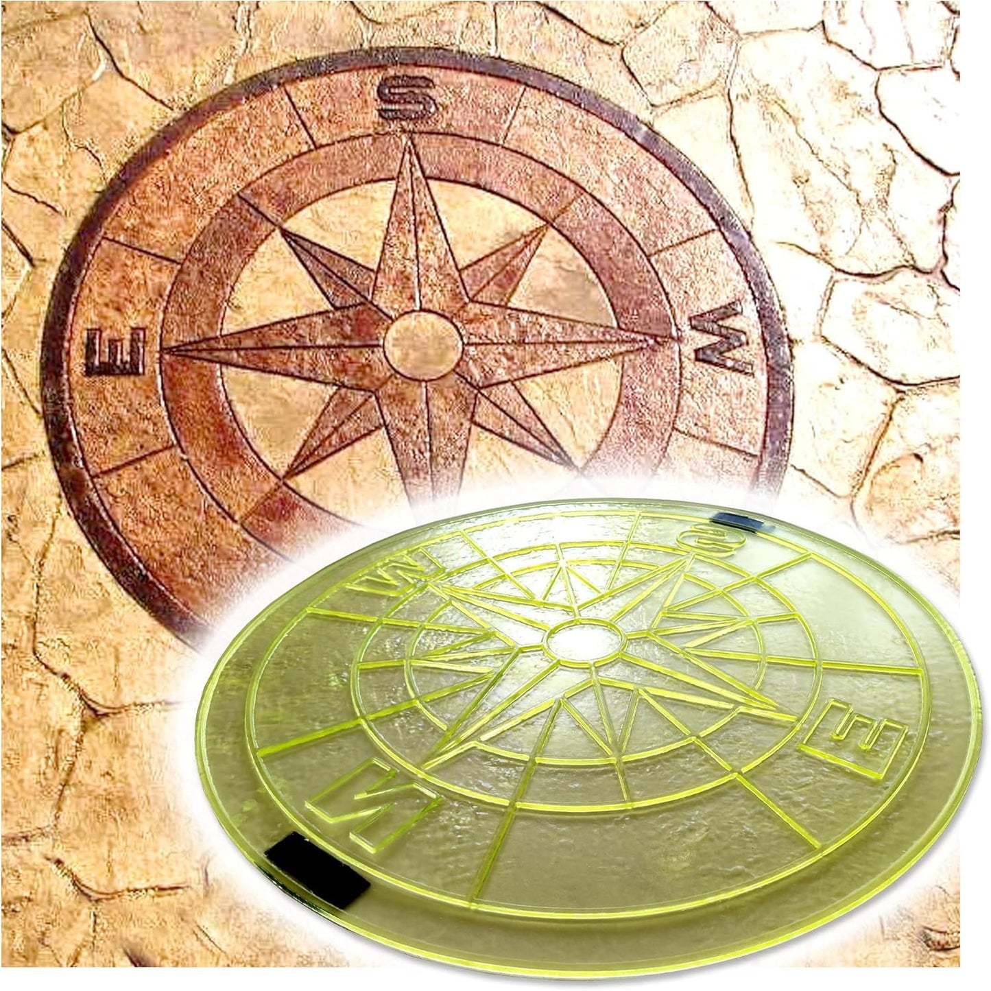 “ROUND COMPASS” Concrete Stamp – 28" Polyurethane Flexible Mold for Stamping Cement, Plaster, mat for printing, Decorative Texture Tool for Horizontal & Vertical Surfaces, Durable & Reusable