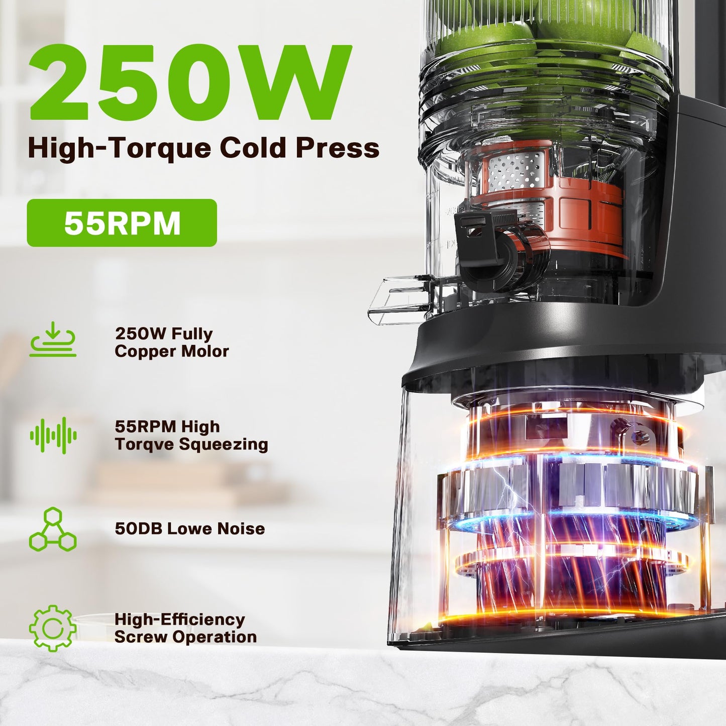 Cold Press Juicer Machine with 5.3" Wide Feed Chute, Slow Masticating Juicer for Whole Fruits & Vegetables, High Juice Yield, Black