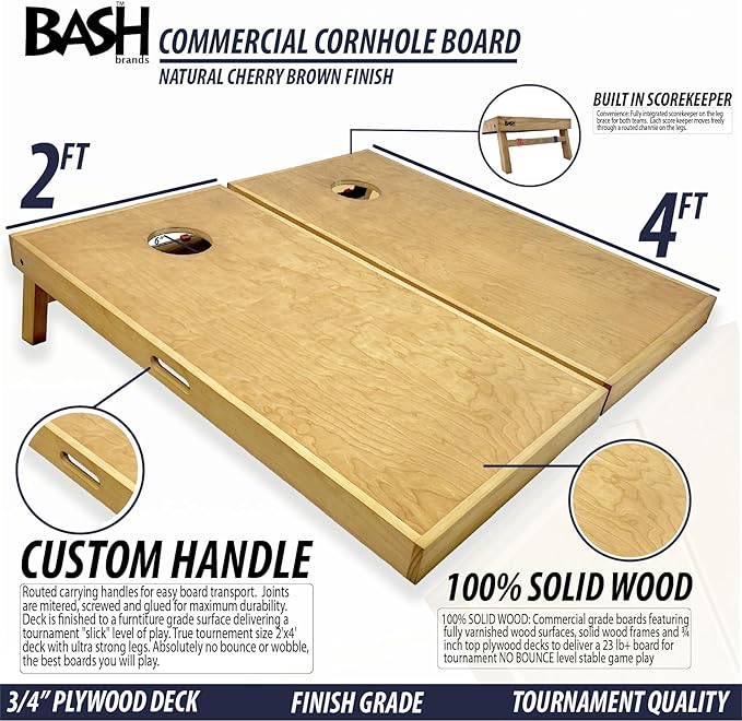 Regulation Solid Wood Cornhole Boards 2'x4' -Choose Between Commercial Grade No Bounce (Cherry Color, NO Bags) or Premium Grade (Natural and Includes 8 Cornhole Bags and Carrying Bag)