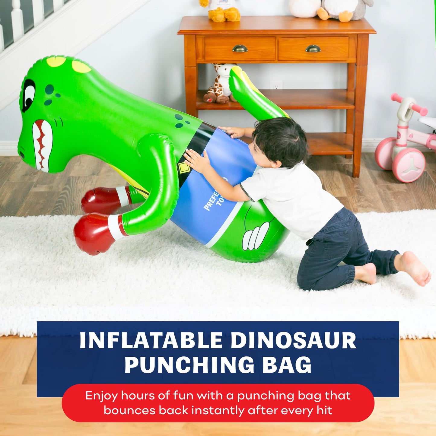 Preferred Toys 47" Inflatable Dinosaur Punching Bag for Kids - Durable Blow Up Kids Punching Bag with Bounce Back Base - Inflatable Indoor Outdoor Active Toddler Bop Play Toy - Green