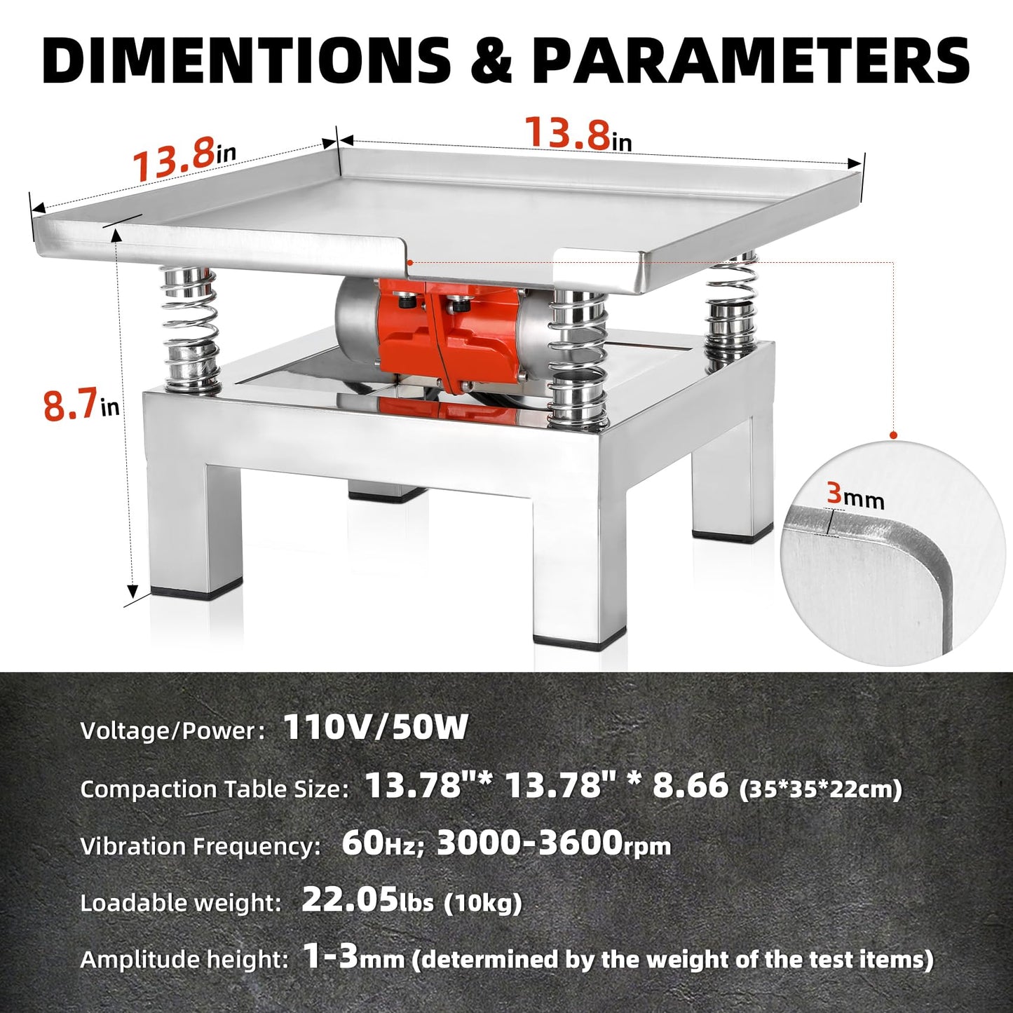 35×35cm Concrete Vibration Table, 110V Small Vibrating Test Bench Stainless Steel 44 lbs for reducing material gaps and increasing concrete compactness