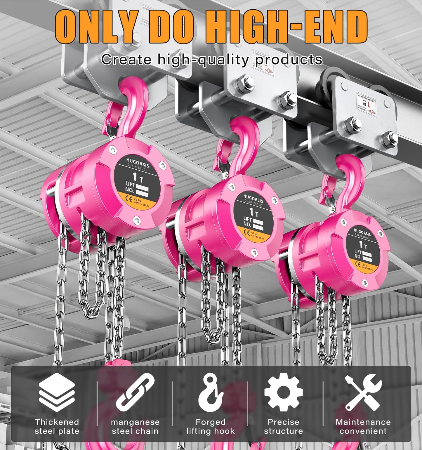 HUGOASIS Aluminum Alloy Hand Chain Hoist 1 Ton 2200lbs Capacity 10ft,Portable Dual Brake Chain Block with Galvanized Chain, 360° Swivel Hook for Garage Warehouse Construction, Workshop Lifting,Pink