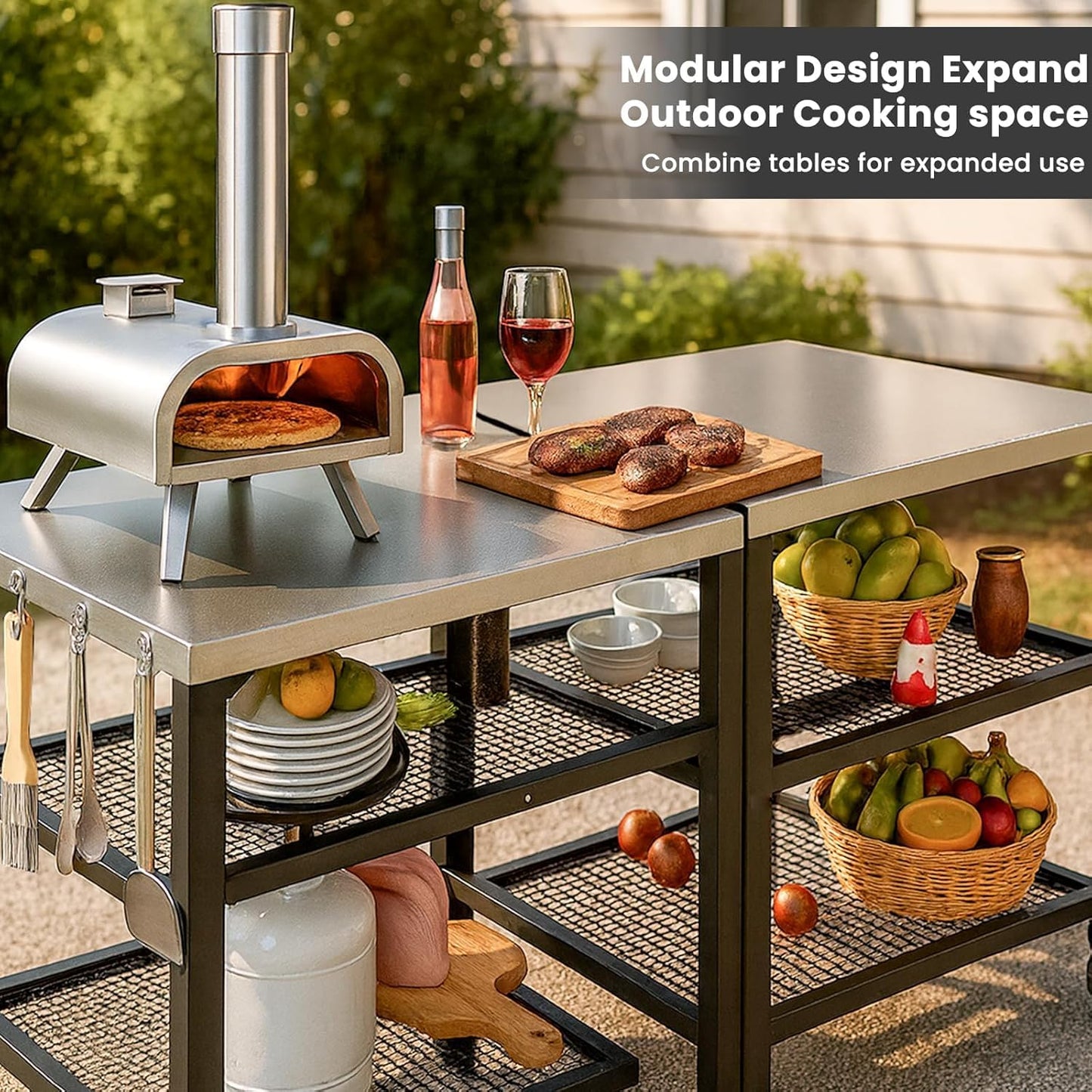 Hisencn Pizza Oven Table Cart for Ninja Woodfire, Blackstone, Cuisinart Pizza Oven, Outdoor Grill Cart, Stainless Steel Portable Grill Tables Grill Stand, Modular Table, Food Prep Carts with Hooks