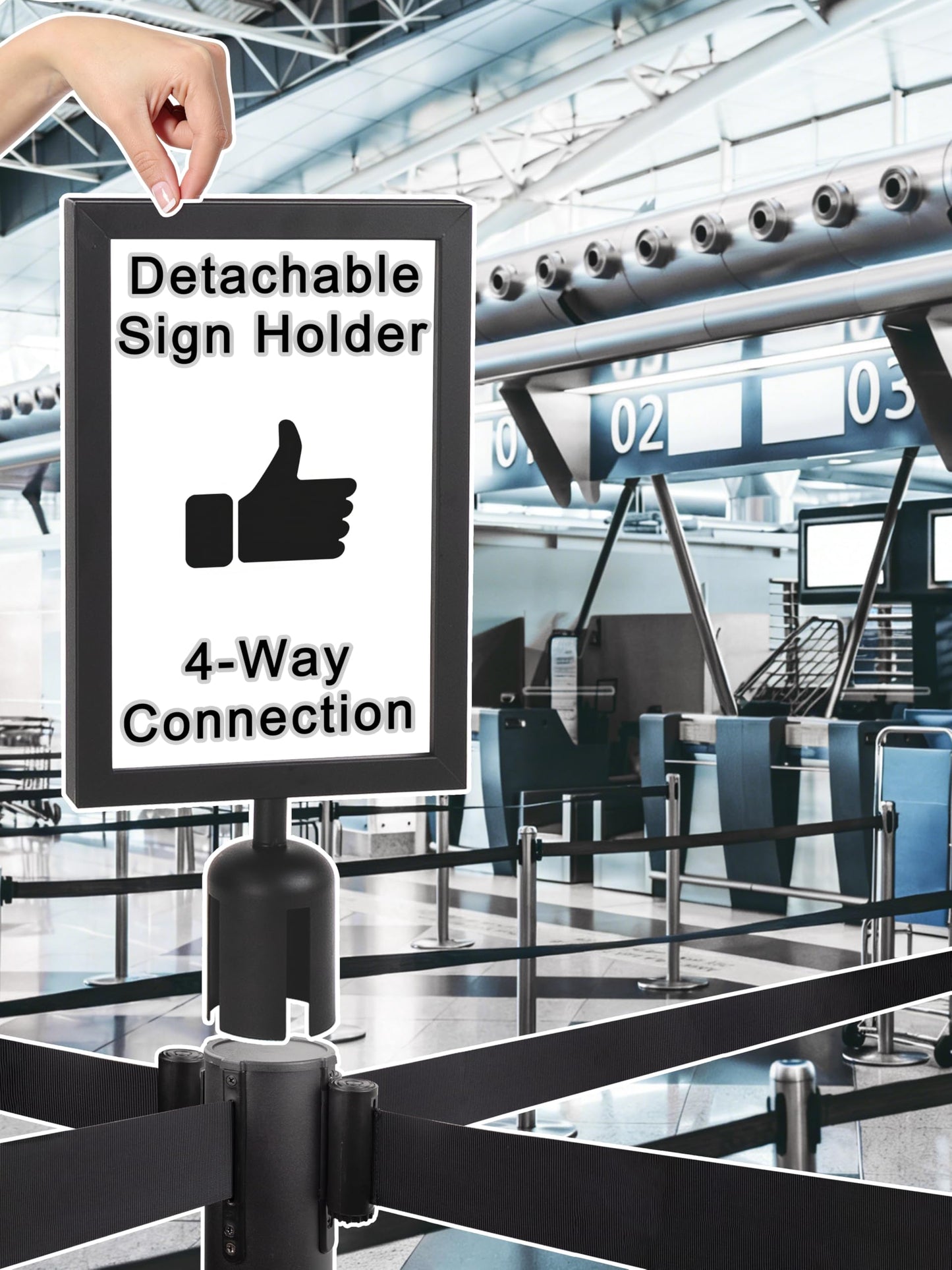 REGRACENLO Crowd Control Stanchion Set with Sign Topper,Black Stanchion with 6.6 ft Black Retractable Belt Barriers,Crowd Control Barriers with Durable Refillable Enlarged Base 6 Pcs