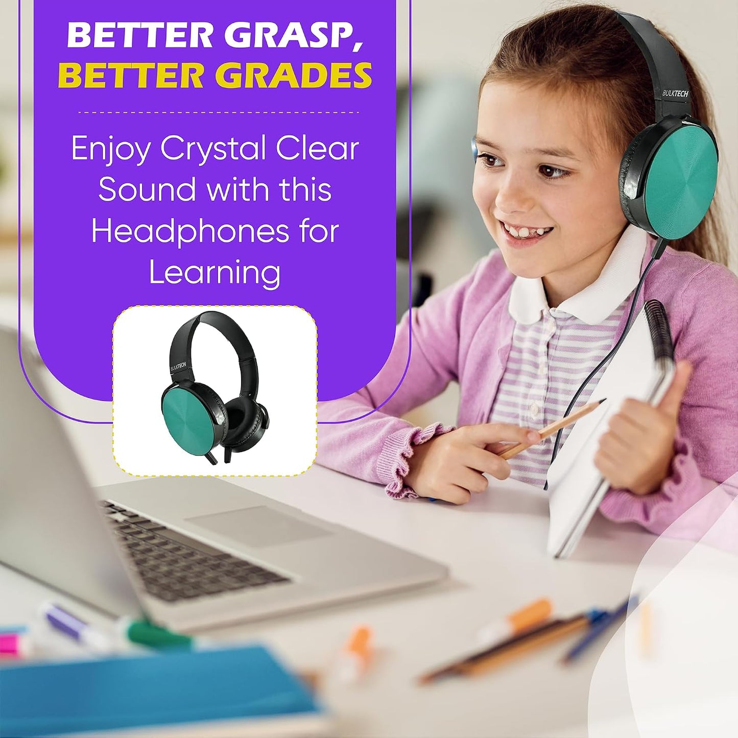 1 Pack 3.5mm Wired On-Ear Leather Headphones with Connector, Round Metal Housing, Black