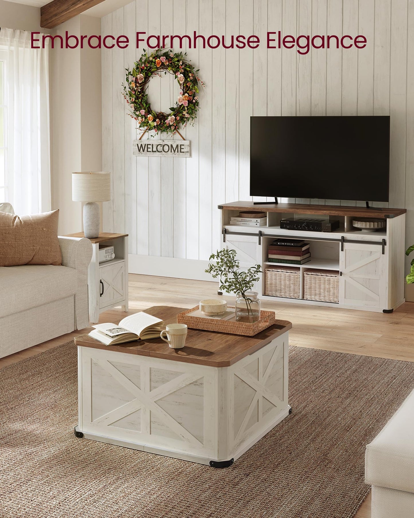 VASAGLE LIRY Collection - Farmhouse Coffee Table with Storage, Square Center Coffee Table for Living Room, with Hidden Compartment, Flip-Top Lids, Honey Brown and Rustic White ULCT232W73