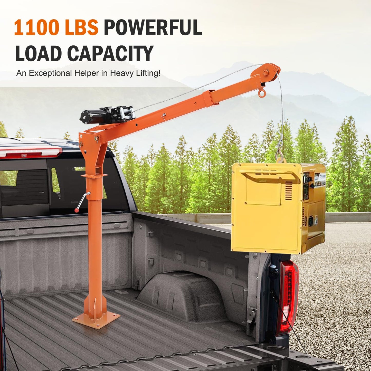 Hydraulic Pickup Truck Crane, 1000 lbs Capacity, 360°Swivel, Hitch Mounted Crane with 3 Adjustable Capacities of 500 Lbs, 750 Lbs and 1000 Lbs for Lifting Goods in Construction, Industry(Orange)
