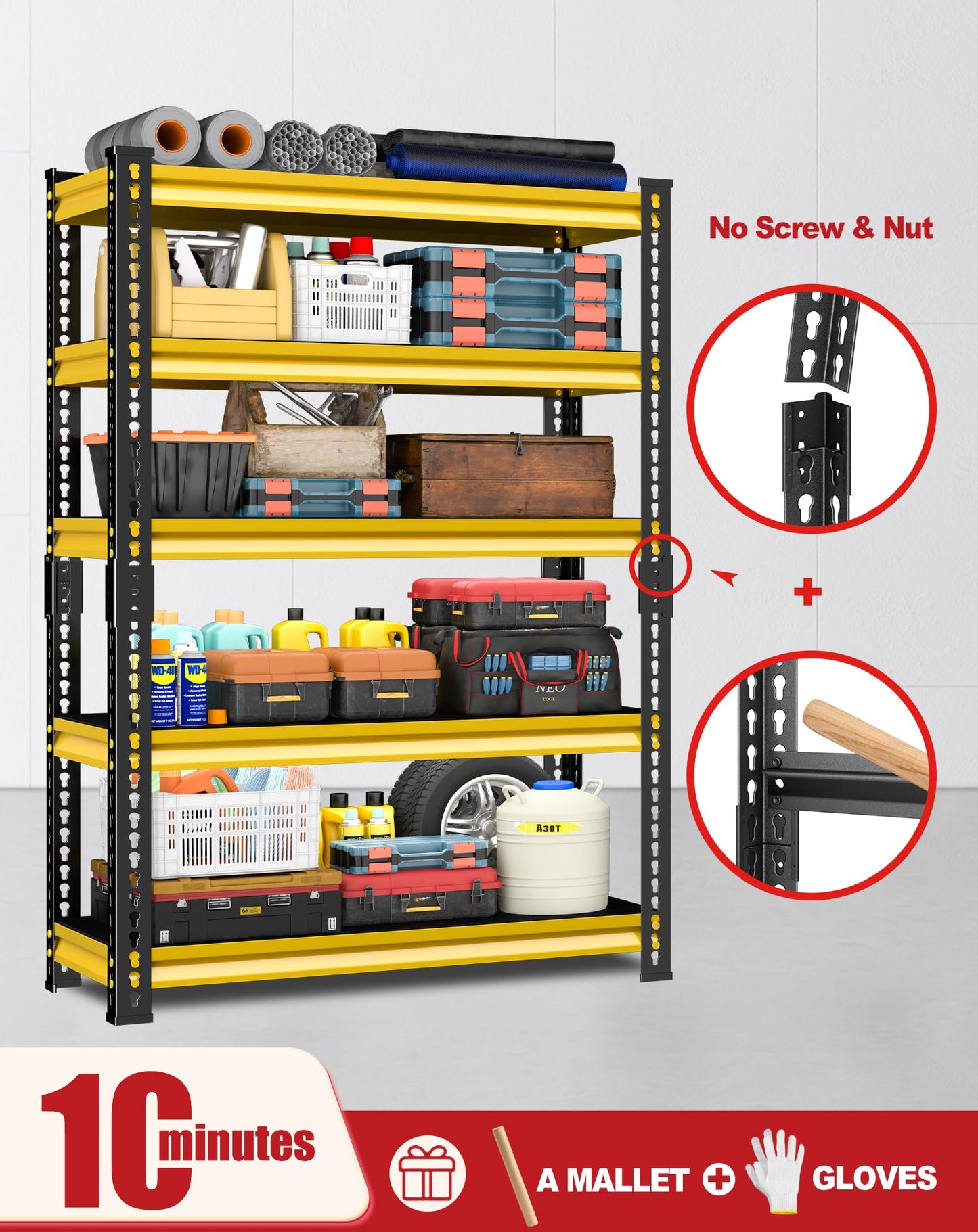 SDXYSTCE Garage Shelving Heavy Duty, 2200 Lbs Loads Garage Storage Shelves Heavy Duty, 5-Tier Metal Shelving Units and Storage for Basement, Retiple Tanks,40''Wx18 Dx72 H,Yellow