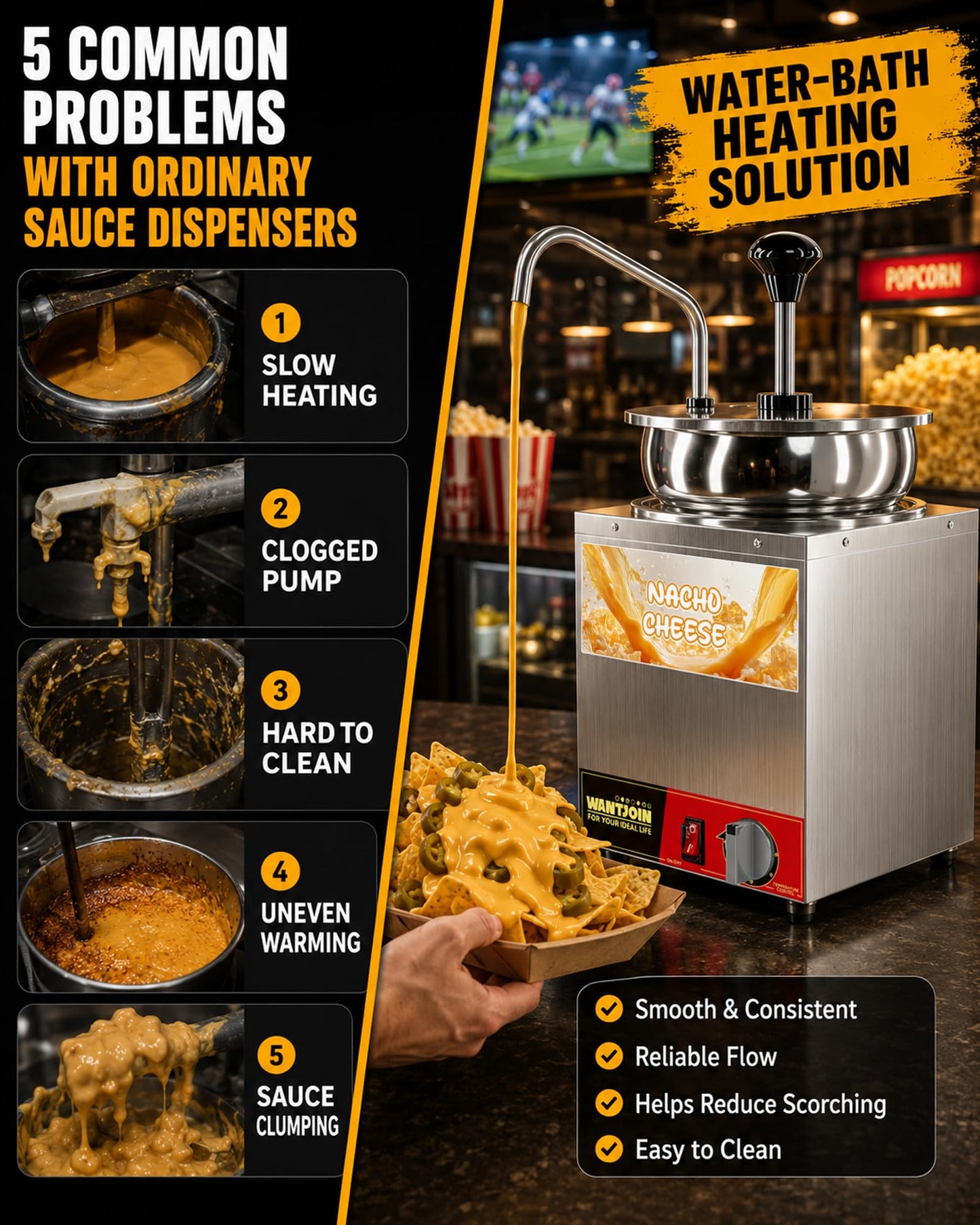 WantJoin Nacho Cheese Dispenser with Pump - 4.6QT Commercial Stainless Steel Warmer with 86-185°F Temperature Control for Hot Fudge, Caramel & Sauces