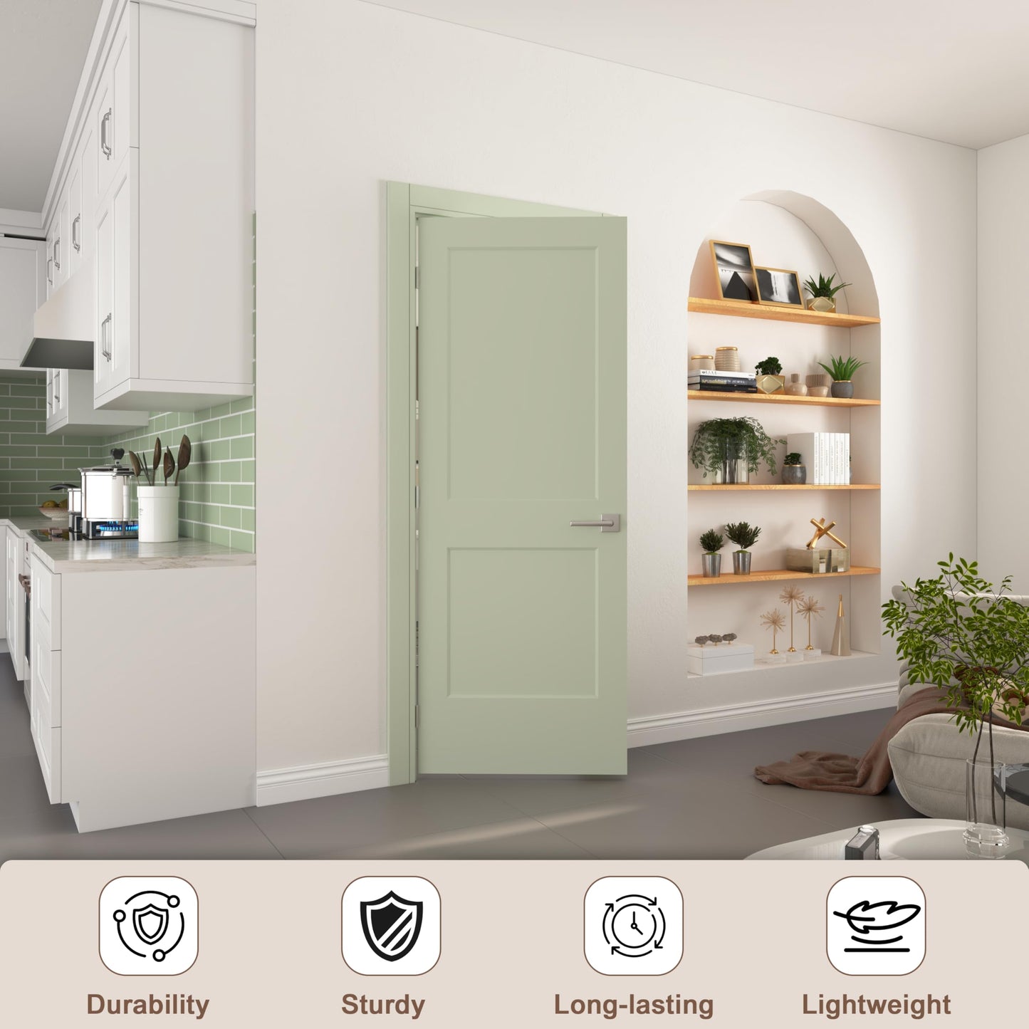JUBEST 36"x80" Right-Hand Prehung Interior Door with Knock Down Jamb Kit & Satin Nickel Hinges, 2-Panel White Primed Hollow Core Molded Door Slab with Bore & Hinge Cutout, Durable & Sturdy, No Handle