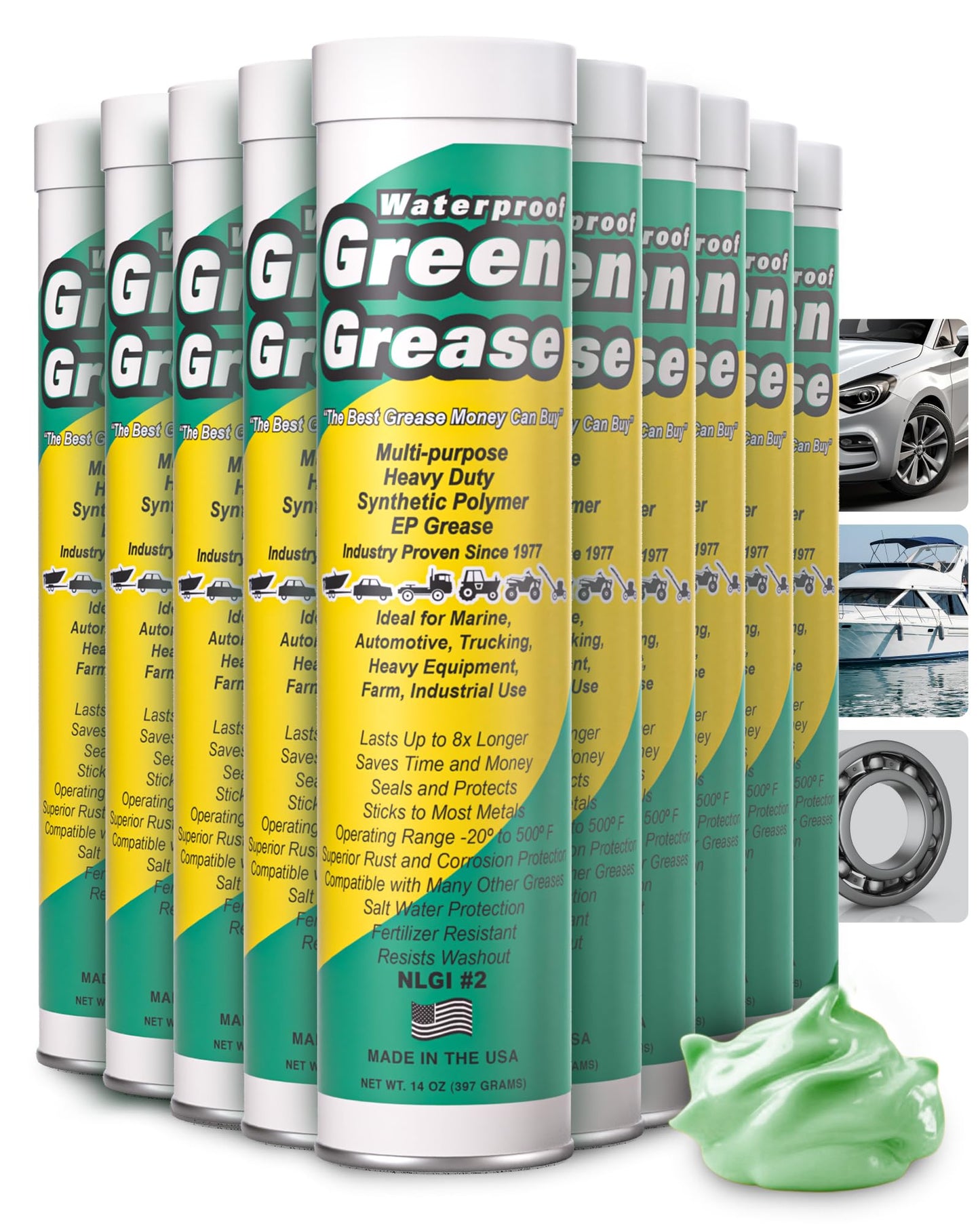 Ultra Heavy Duty Green Grease Tube (14oz, 10 Pack) for Grease Gun – NLGI 2 Lithium, High Temp Waterproof Marine Grade, Rust Resistant Wheel Bearing Lubricant for Auto, Farm & Home Use – American Made.