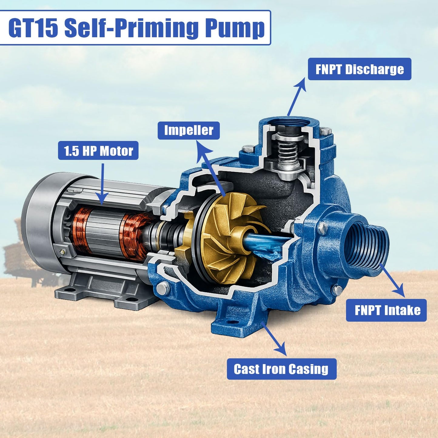 GT15 Self-Priming Centrifugal Pump, 1.5HP, Single Phase Cast Iron Water Pump for Agricultural & Landscape Irrigation