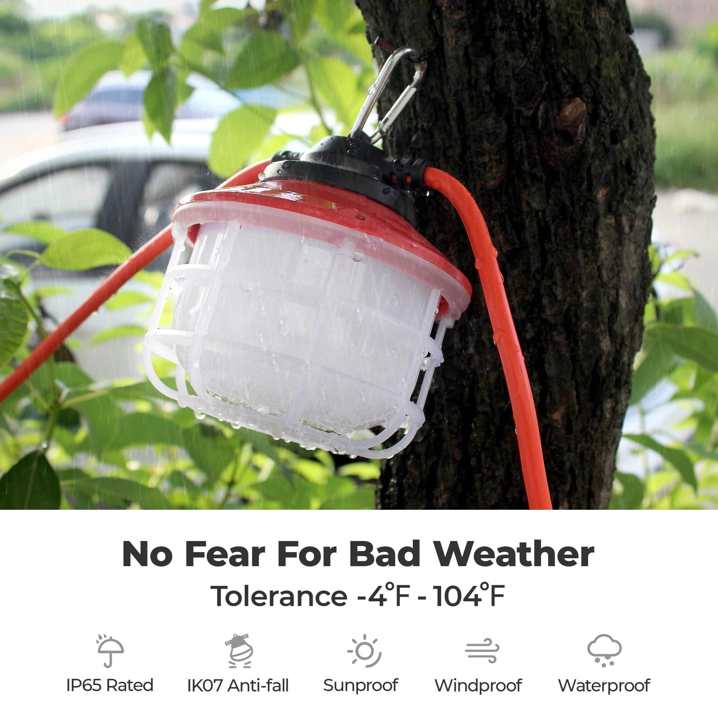 Omlite Construction String Lights: 100FT 3 Prong 150W Linkable Super Bright LED String Lights for Construction Sites Temporary Jobsite IP65 Waterproof 18AWG Wire Work Light with Cage