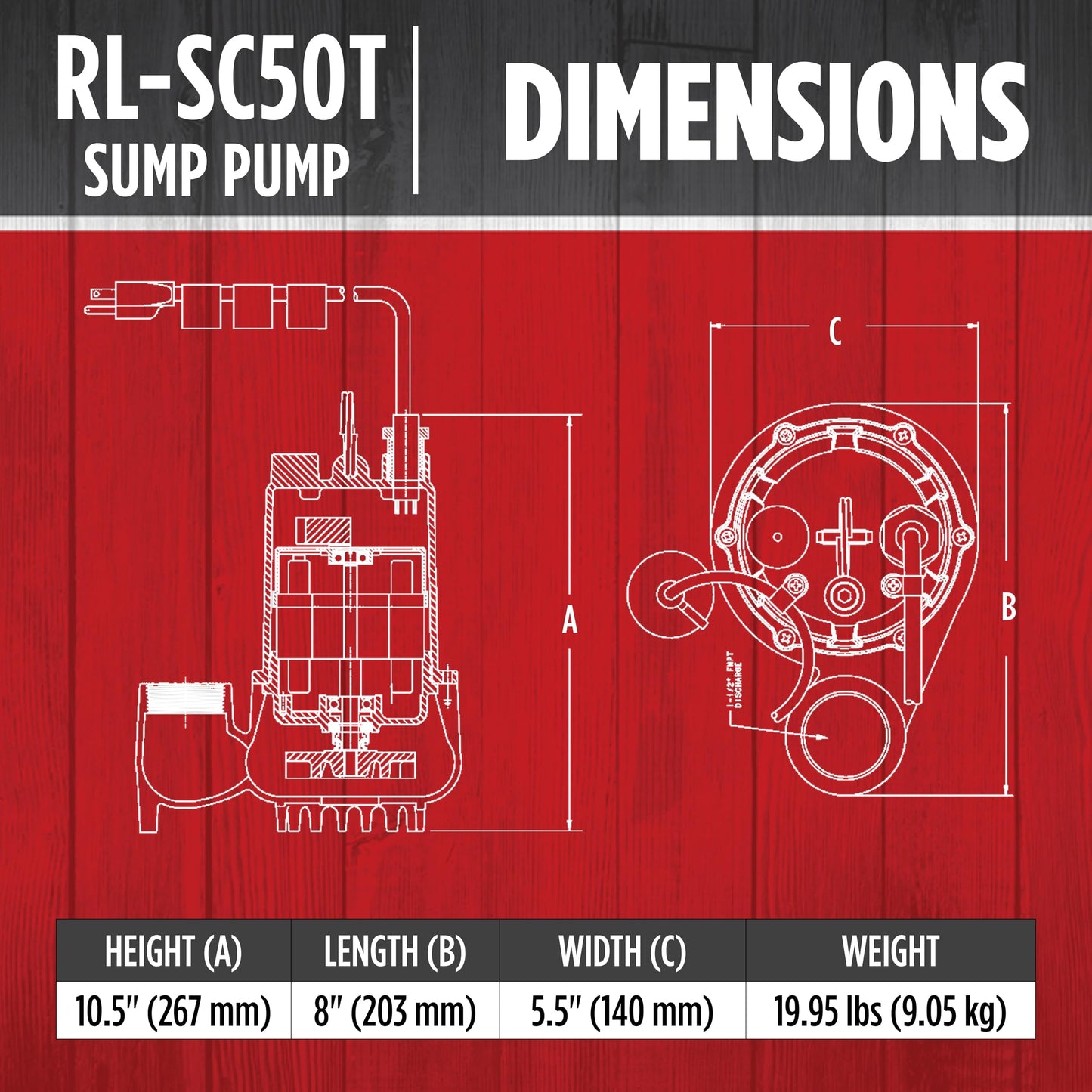 Red Lion RL-SC50T 115-Volt, 1/2 HP, 4300 GPH Cast Iron Sump Pump with Tethered Float Switch, 10-Ft. Cord, Red, 14942746