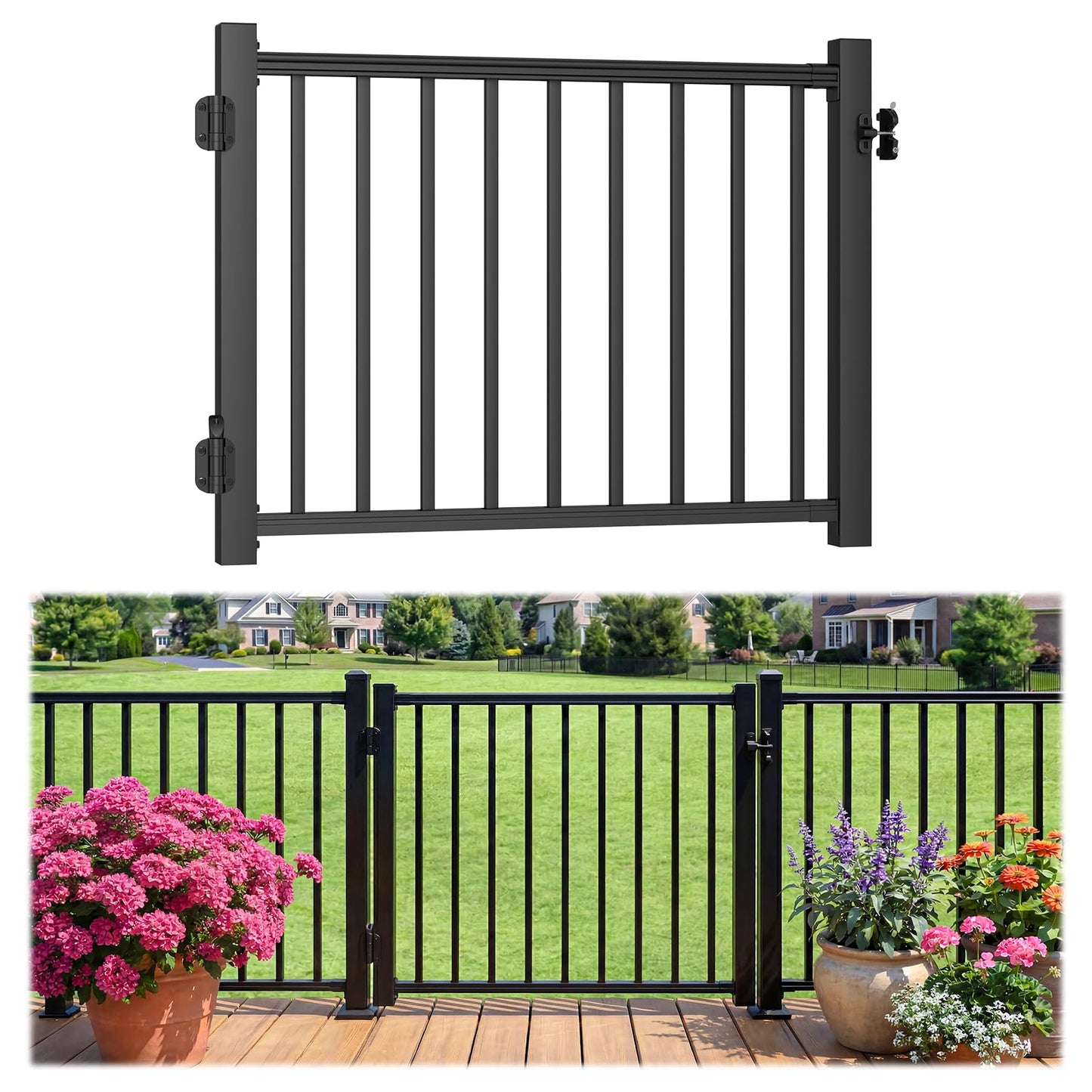 Egadis 4 ft. W Aluminum Deck Gate Kit for 36in. H Railing, Cuttable AAMA2604 Powder-Coat Finish Outdoor Gate Kit with Premium Latch and Auto-Closing Hinge for Deck, Patio, Garden, Yard, Porch