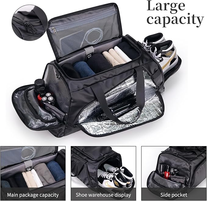 Duffle Bag for Travel, Carry on Gym Bag for Men, Waterproof Sport Bags with Shoe Compartment, 40L Lightweight Weekender Bag for Camping, Hiking, Trips - Black (Basic)