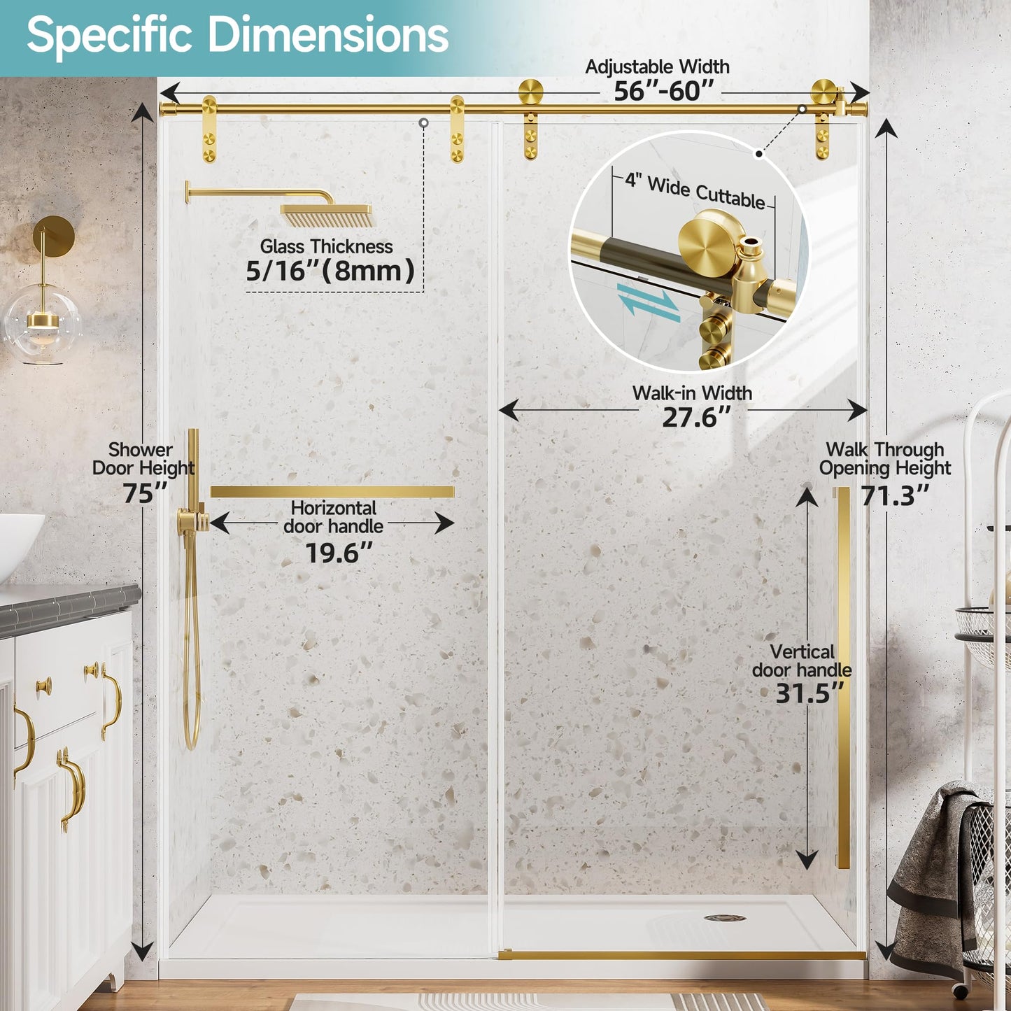 56-60" W x 75" H Glass Shower Door, Frameless Shower Door with 5/16" (8mm) Clear SGCC Tempered Glass, Explosion-Proof Film, Stainless Steel Hardware, Gold