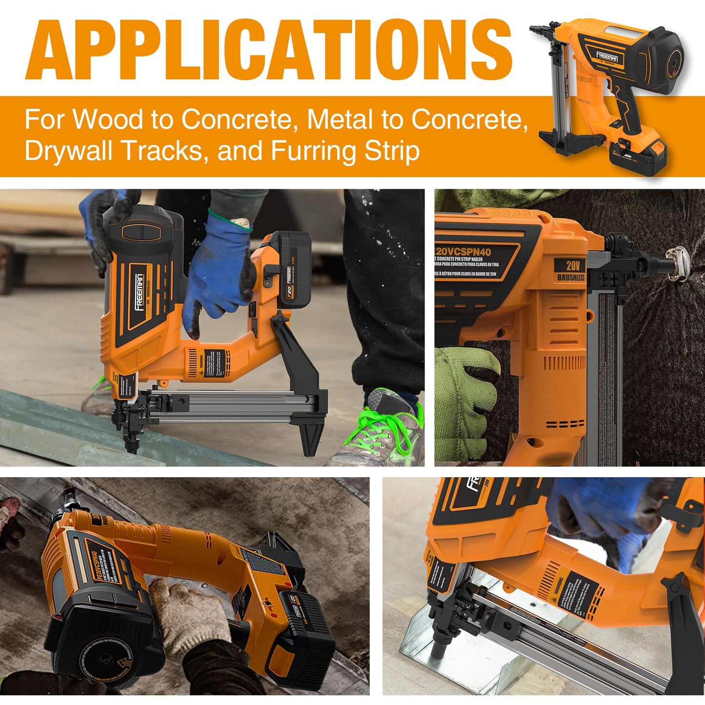 Freeman 20V Cordless Brushless 1-1/2" Concrete Strip Pin Nailer Kit | 4.0Ah Li-Ion Battery, Charger & Case | 750 Shots/Charge Concrete Nail Gun for Metal & Wood Framing | PE20VCSPN40