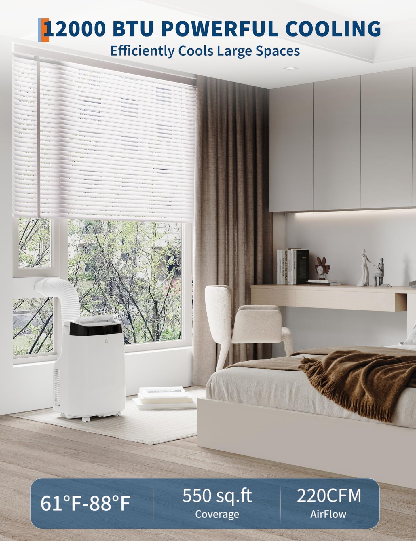 12,000 BTU Portable Air Conditioners, 4-in-1 AC Unit with Cool, Fan, Dehumidifier & Sleep Mode, Quiet Operation, 24H Timer & Remote Control for Bedroom, Living Room, Basement & Workshop