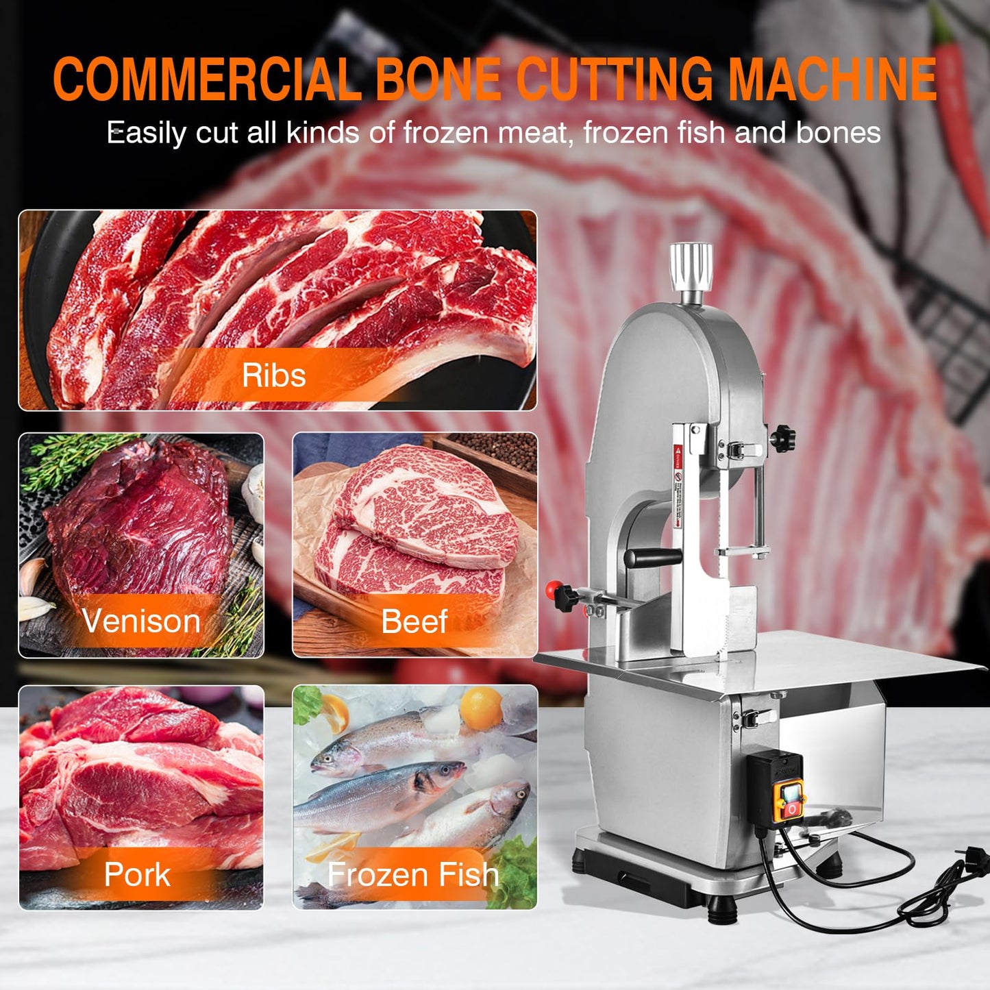 750W Electric Bone Saw Machine Commercial Electric Meat Bandsaw for Butchering, 18.1" x 12.4" Workbench, 0.4-4.3 Inch Cutting Thickness, Table Sawing for Cutting Rib, Frozen Meat with 5 Saw Blades