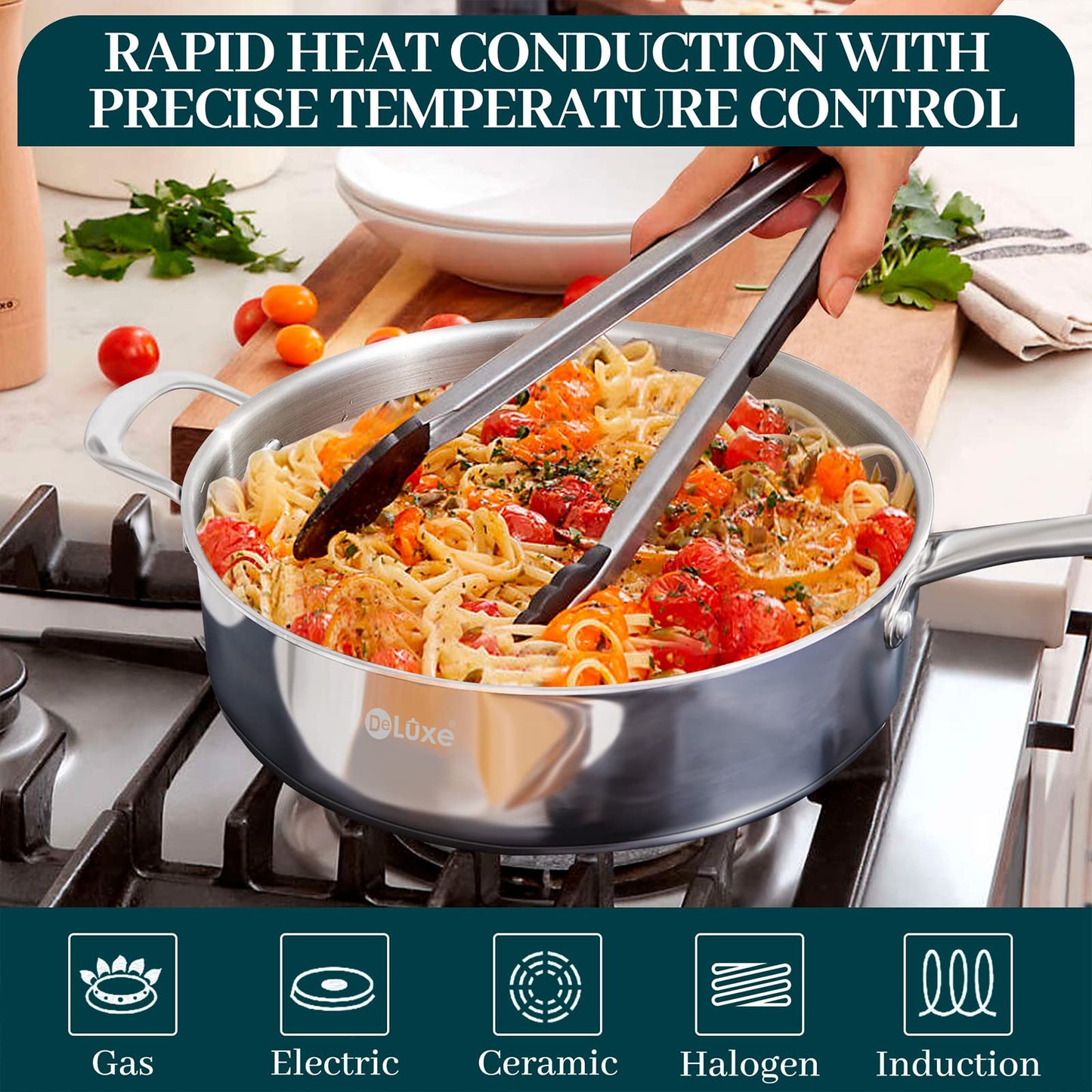 DELUXE 12 Inch Stainless Steel Skillet Frying Pan, Large Pan with Lid and Stay-Cool Handle, 5qt Deep Sauté Pans for Deep-Fry Braise Stew, Multipurpose Cooking Pot for Induction Gas Stove