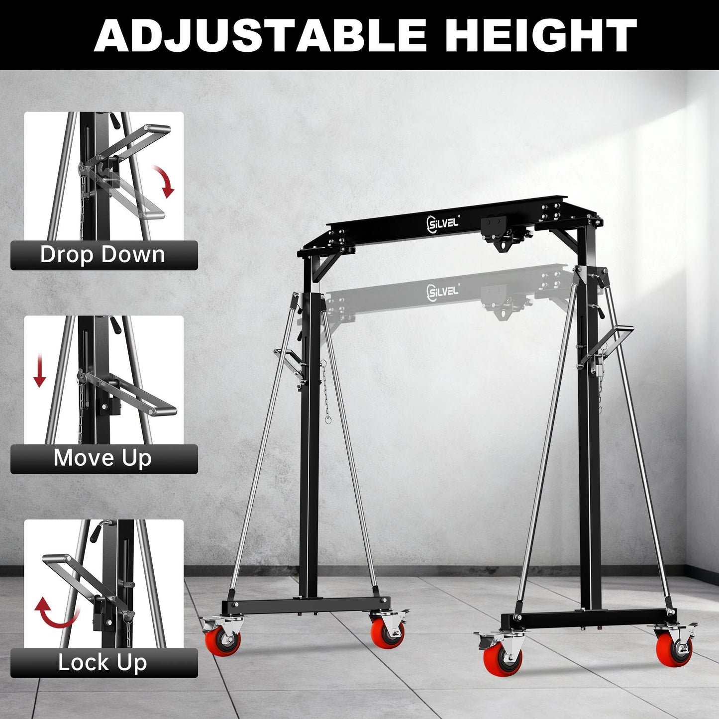 SILVEL Gantry Crane 1 Ton MAX3000LBS, Adjustable Height 8.53 to 12.47ft with Triangle Base, Portable I-Beam Hoist for Factory, Warehouse, Auto Repair & Construction, Black