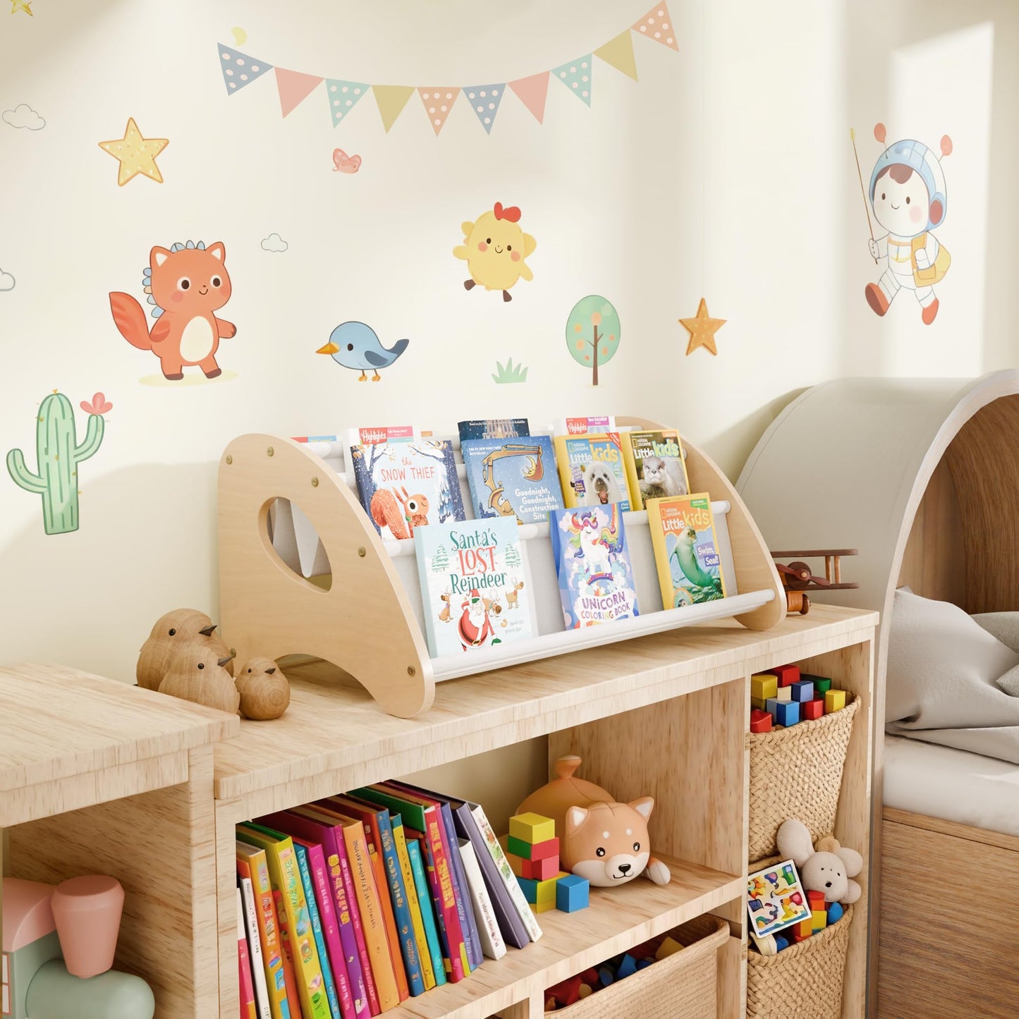 yoopin Kids Bookshelf, 4-Tier Montessori Book Shelf for Kids Rooms, Easy Installation, Eco-Friendly Wooden Storage Organizer,28.7” x 15.7” x 13.6” Natural/White
