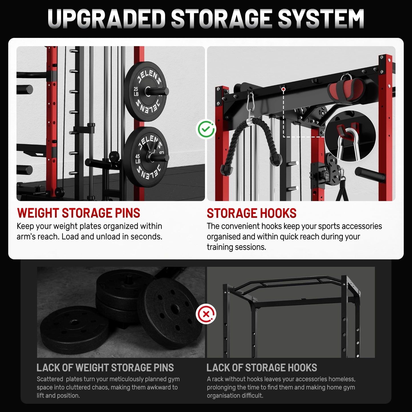 JELENS Smith Machine for Home Gym, Multi-Function M12 Power Cage, Squat Rack with Smith Bar and More Attachment (Red, Weight Bench Package)