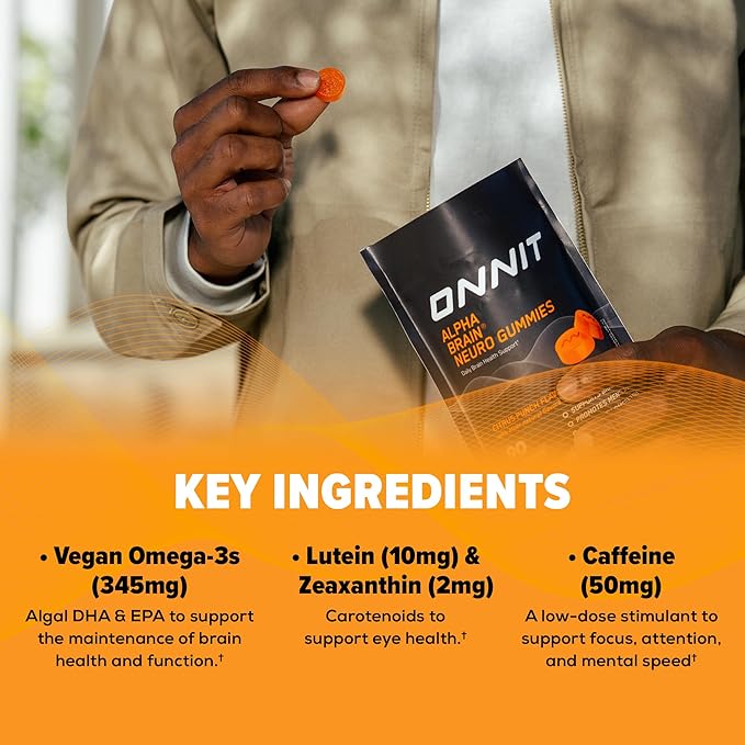 ONNIT Alpha Brain Neuro Focus Gummies - Vegan Gummies with Omega-3s, Lutein, Zeaxanthin & Caffeine - Brain, Eye & Focus Supplement for Men & Women?? Citrus Punch Flavor, 90 Count