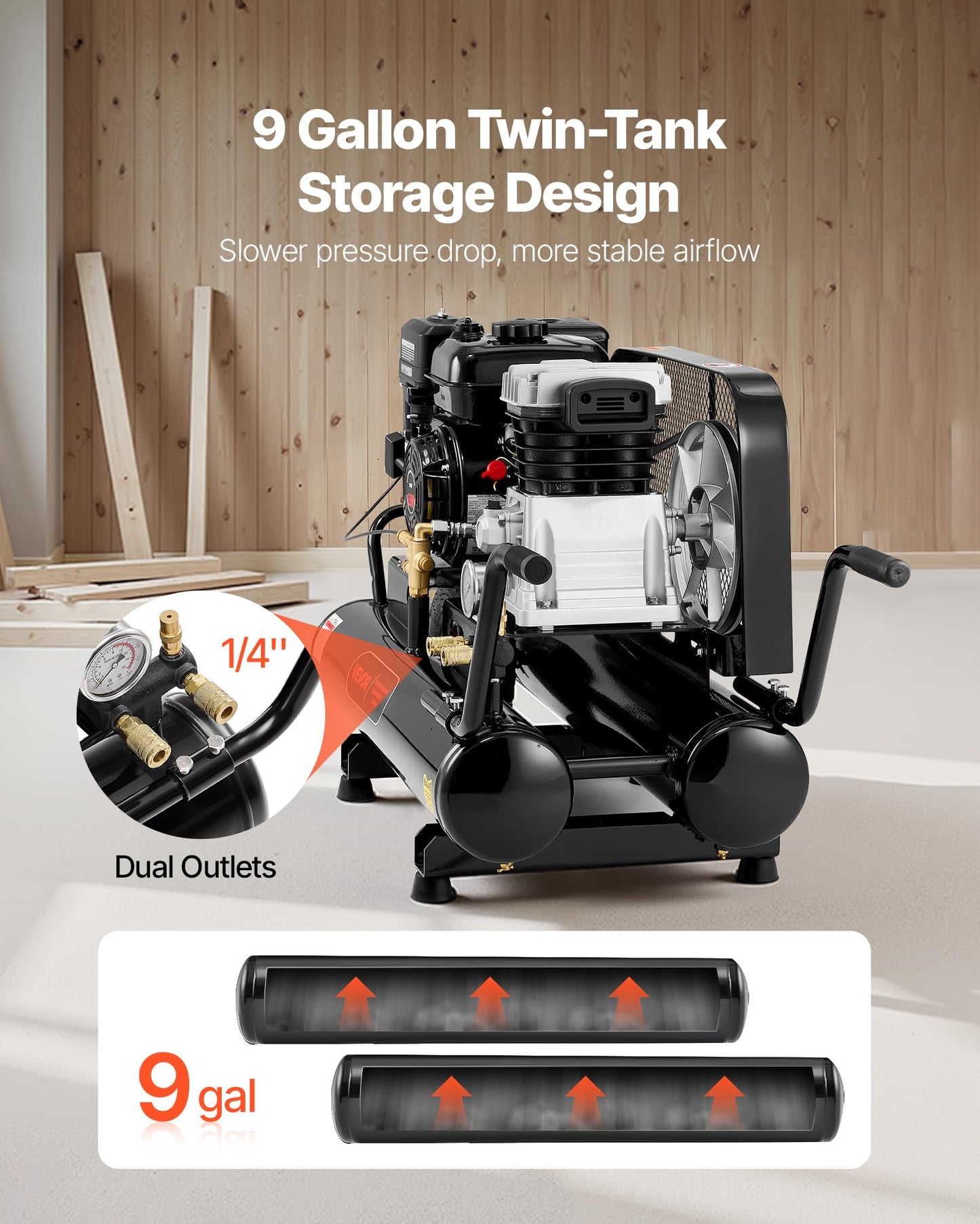 VEVOR 9 Gallon Twin-Tank Gas Powered Air Compressor, 6.5HP 9CFM Gas Driven Air Compressor Tank on Wheels, Max 115PSI Piston Pump Air-Compressed System for Tire Inflation, Auto Repairs, Spray Painting
