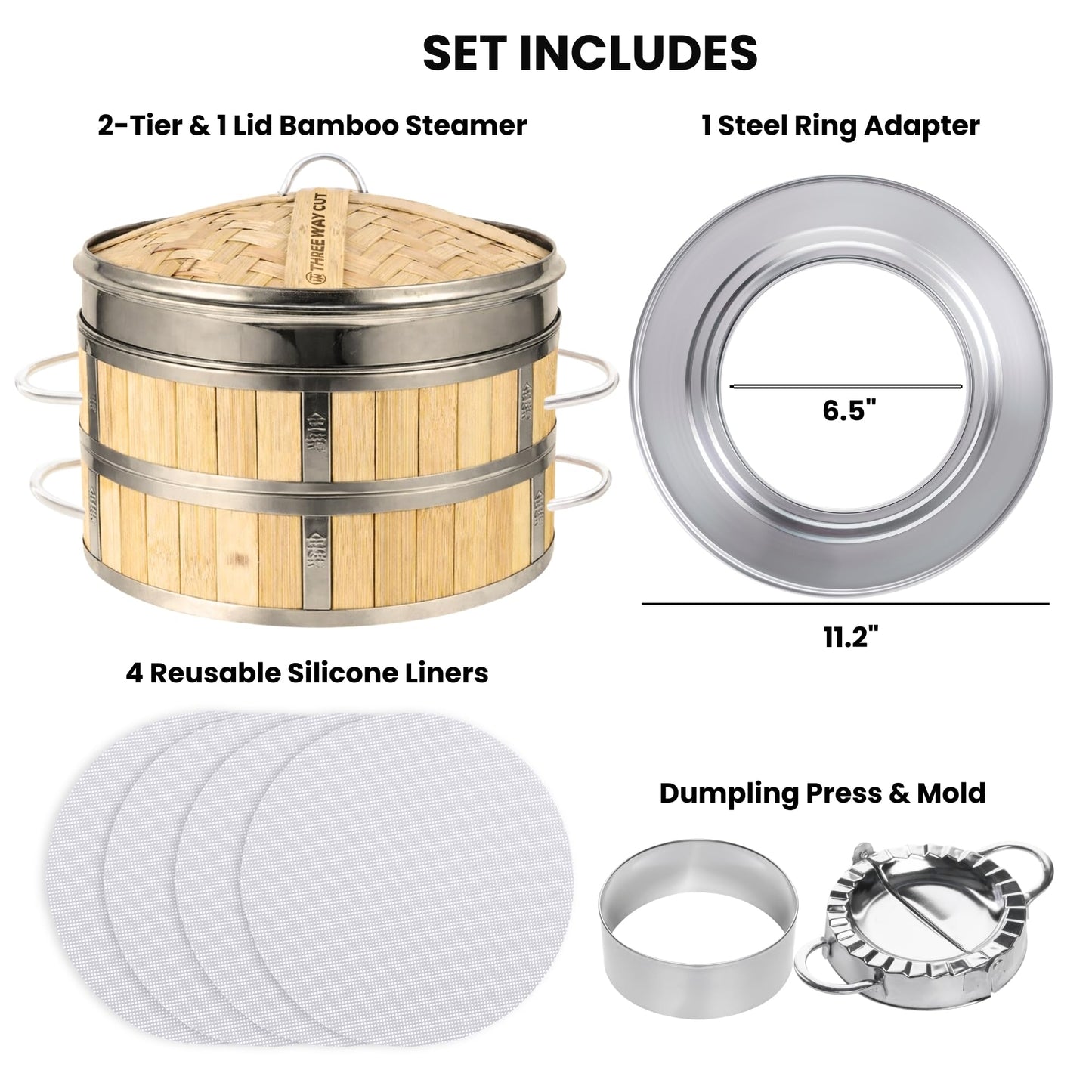 Bamboo Steamer 10" - Heavy-Duty Dumpling Steamer Basket, 2 Tier Bamboo Steamers for Cooking & Steaming Dim Sum, Bao Bun, Gyoza, Shumai & Vegetables - 10 Inch Steam Baskets with Handles & Accessories Set