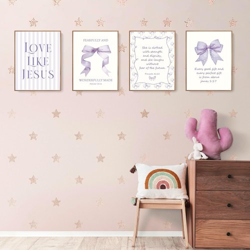 LARTSFRO Coquette Purple Bow Wall Art | Inspirational Christian Decor for Teen Girls | 12x16 Inch Set of 4 Unframed Prints
