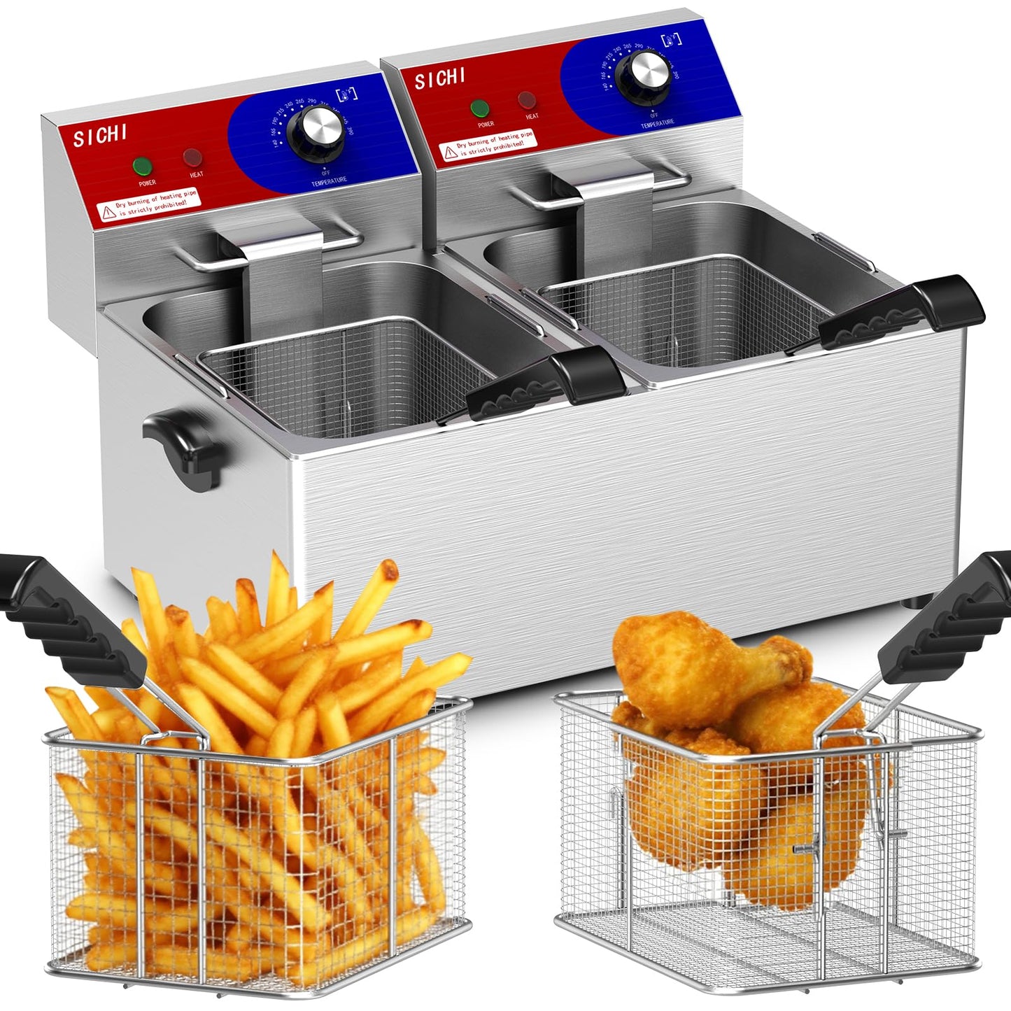 HTTSICHI Commercial Deep Fryer - 26 L Large Deep Fryer with 10 L Basket, Commercial Deep Fryer with Basket (2Pcs), Stainless Steel Countertop Deep Fryer w/Adjustable Temperature and Restaurant Use