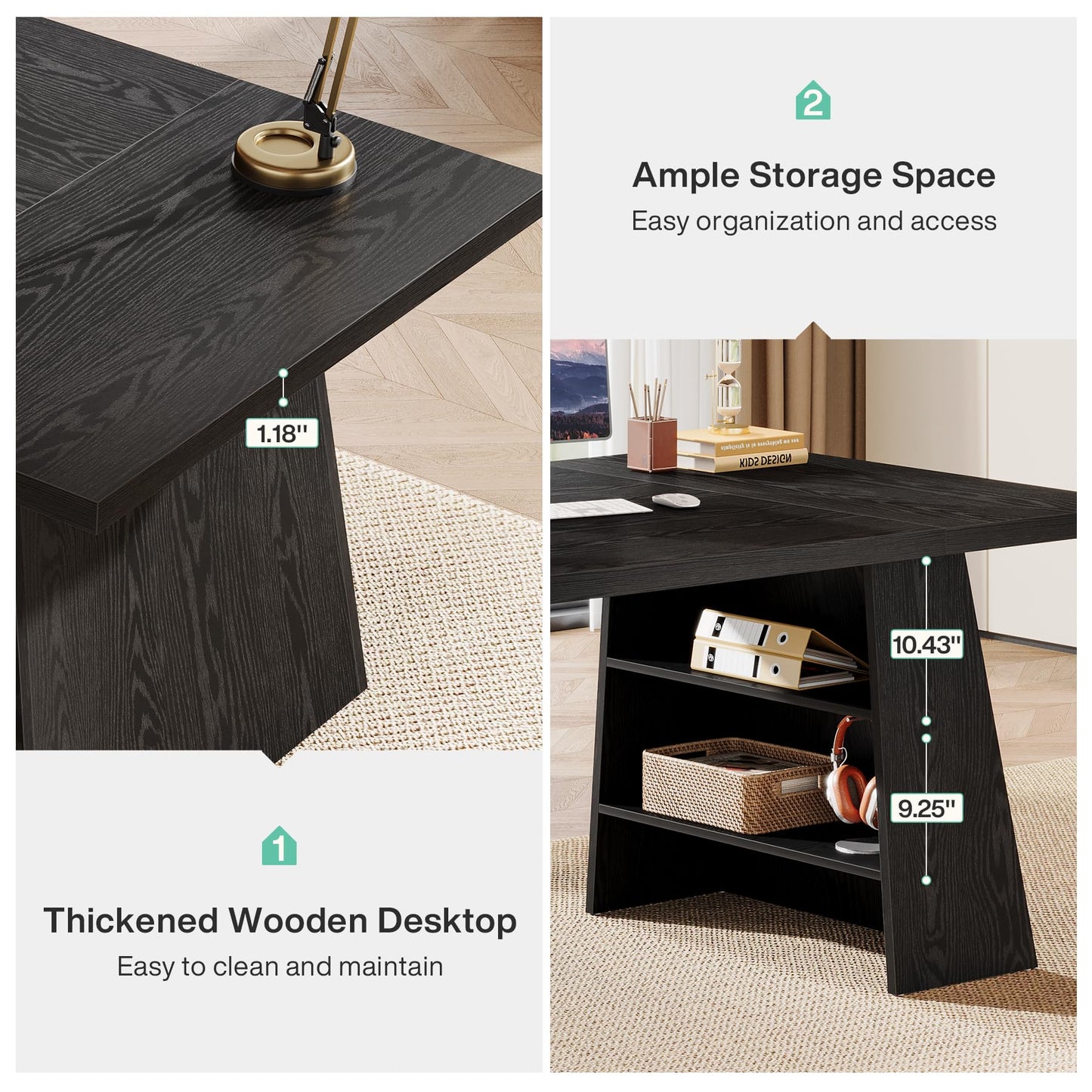 Tribesigns 63-Inch Executive Desk, Modern Black Office Desk with Double Pedestal and Storage Shelves, Simple Large Computer Writing Conference Table Workstations Business Furniture for Home Office