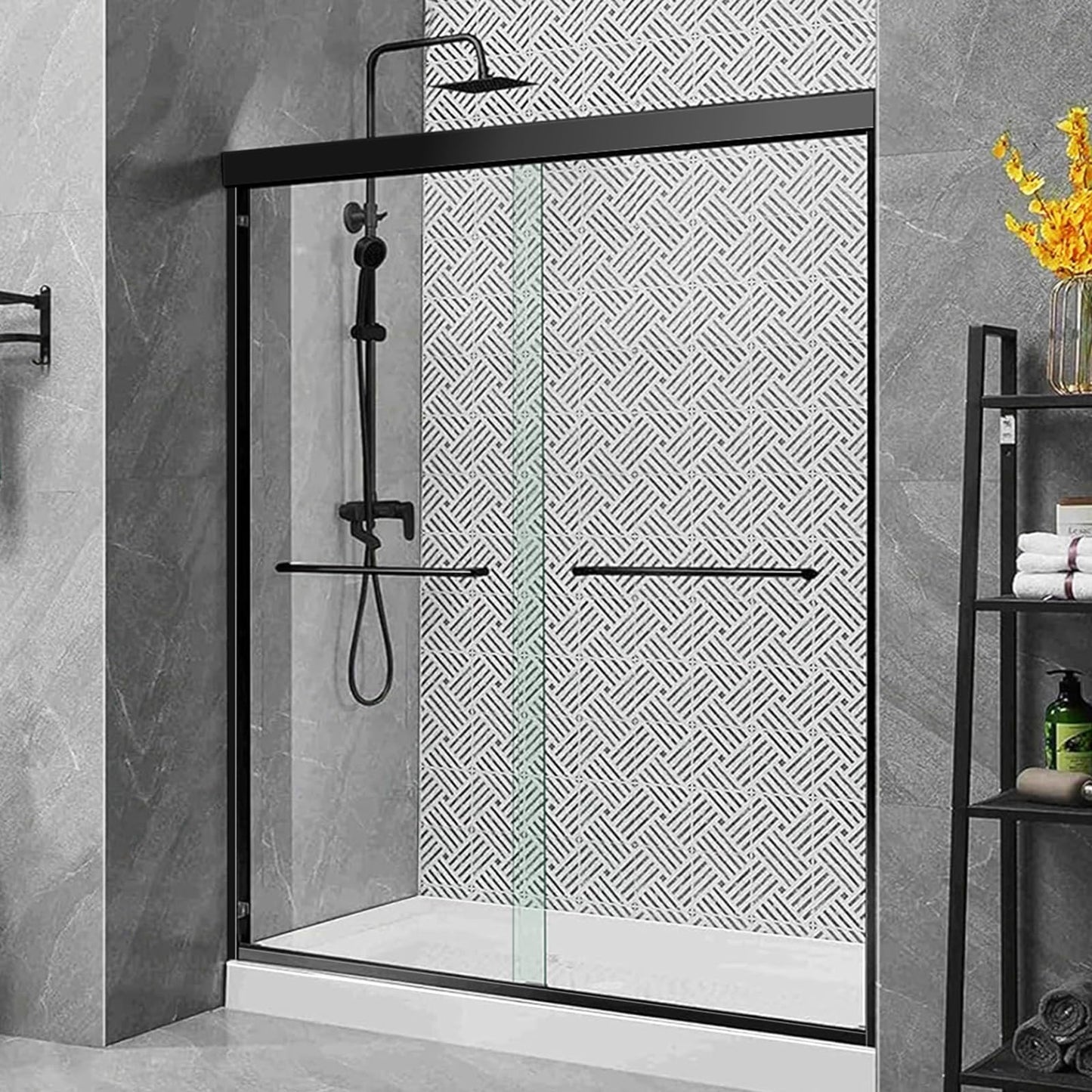 50''-54" W×72" H Black Shower Doors Glass Sliding 54 Inches,Semi Frameless Bathroom Sliding Glass Shower Door,Walk in Shower with 1/4" (6mm) Clear SGCC Tempered Glass