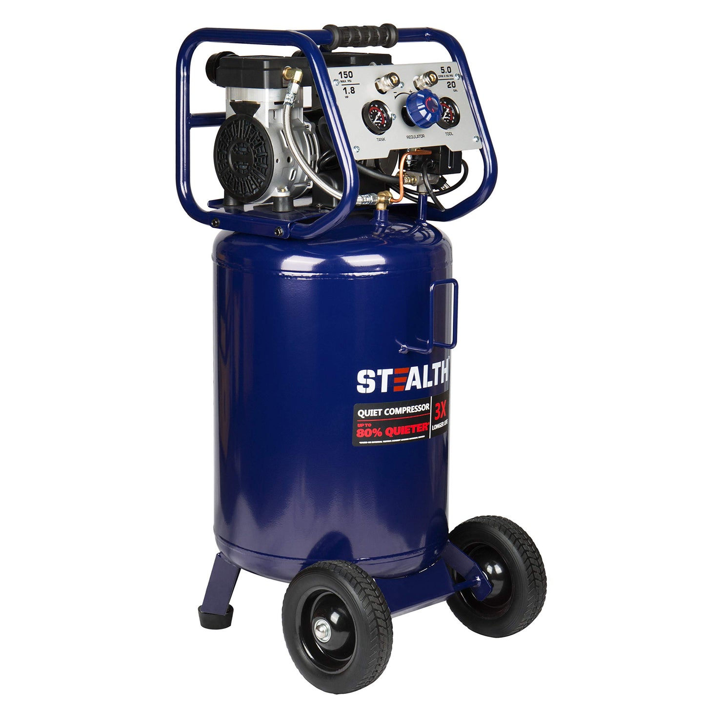 Stealth 20 Gallon Ultra Quiet Air Compressor,1.8 HP Oil-Free Peak 150 PSI 68 Decibel, 5.5 CFM @ 40 PSI 5 CFM @ 90 PSI Silent Long Life Electric Air Compressor W/Wheel for Garage