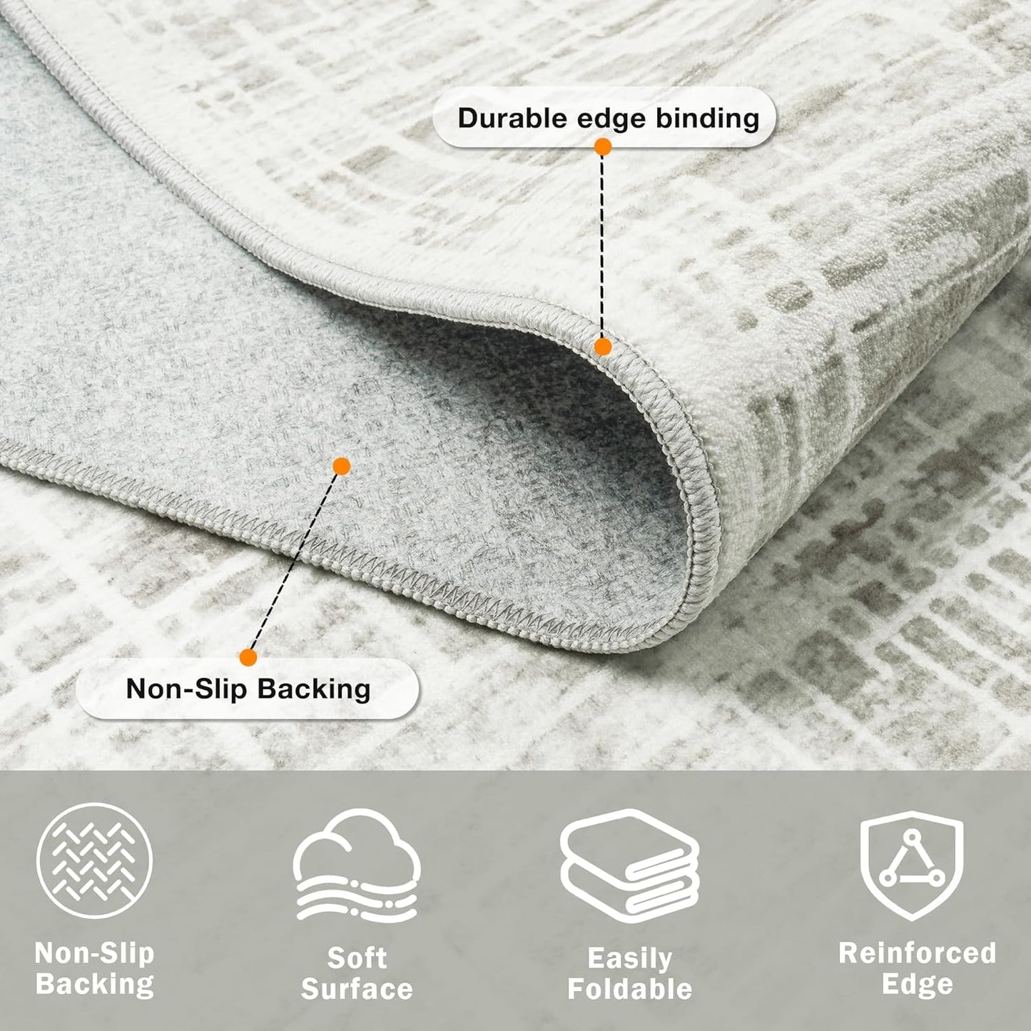 Skiennix 8x10 Area Rug - Washable Anti-Skid Abstract Design for Living Room | Soft Non-Shedding Carpet (White Gray)
