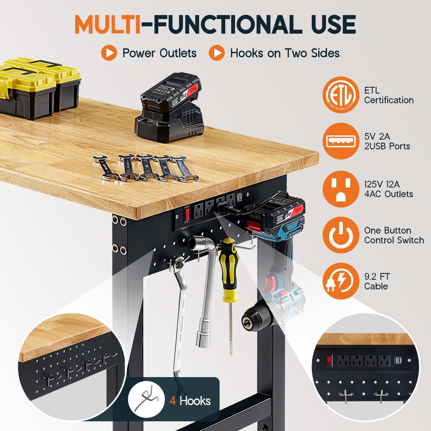 Albott 44x20 in Adjustable Workbench with Power Outlets, 2000 LBs Heavy Duty Wood Workbench with Hooks, Solid Rubber Wood Top for Garage, Workshop, Woodworking, Home Office