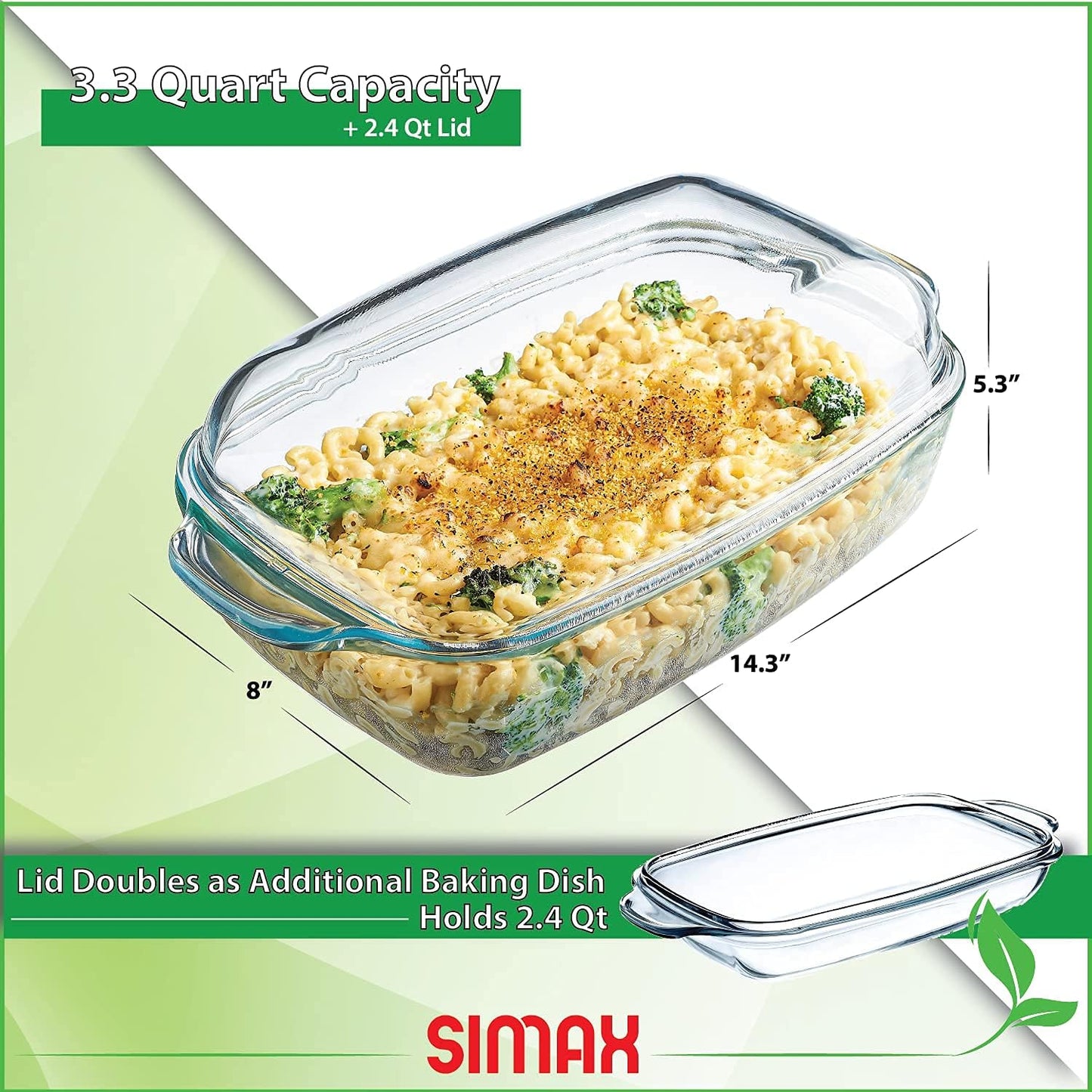 Simax Glass Casserole Dish - Clear Round Baking Dish with Lid & Handles | 3 Quart Capacity