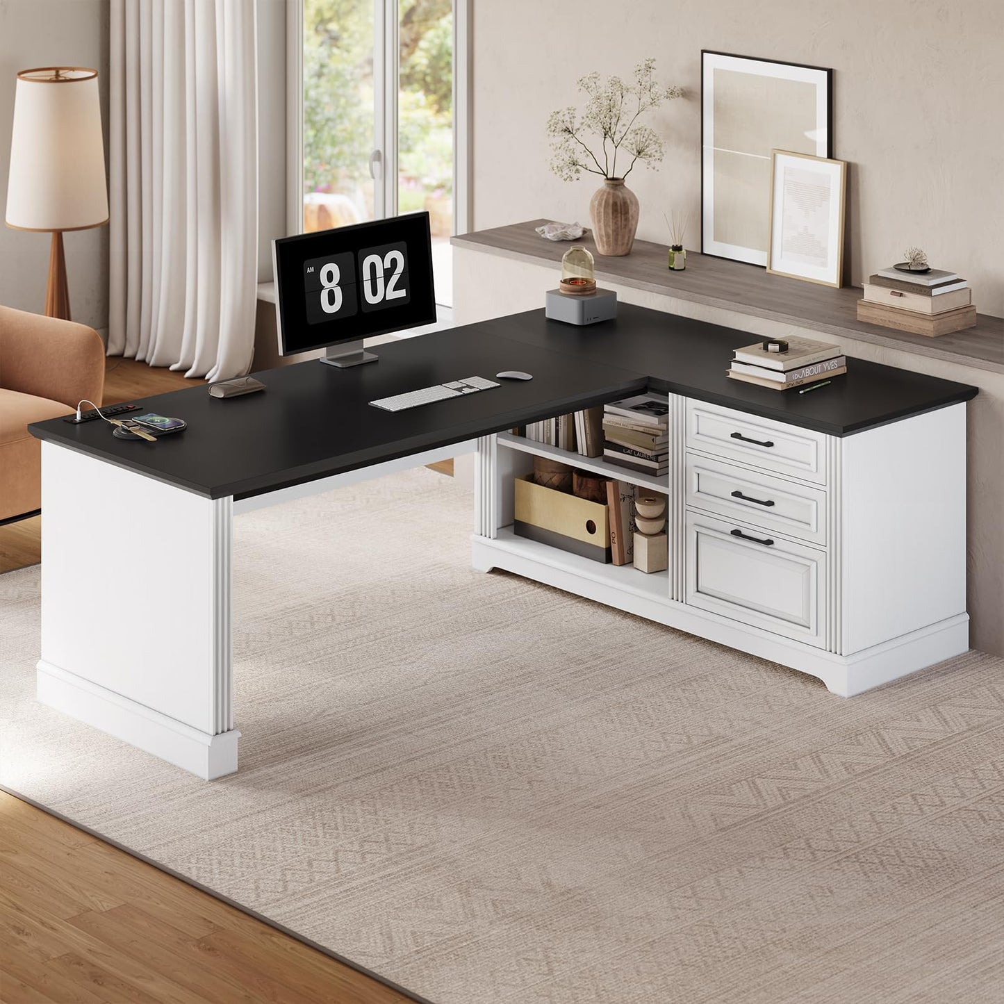 SEDETA Farmhouse 61" Executive L Shaped Desk, Home Office Desk with File Drawers, Computer Desk with Power Outlets and Storage Shelves for Home Office, White
