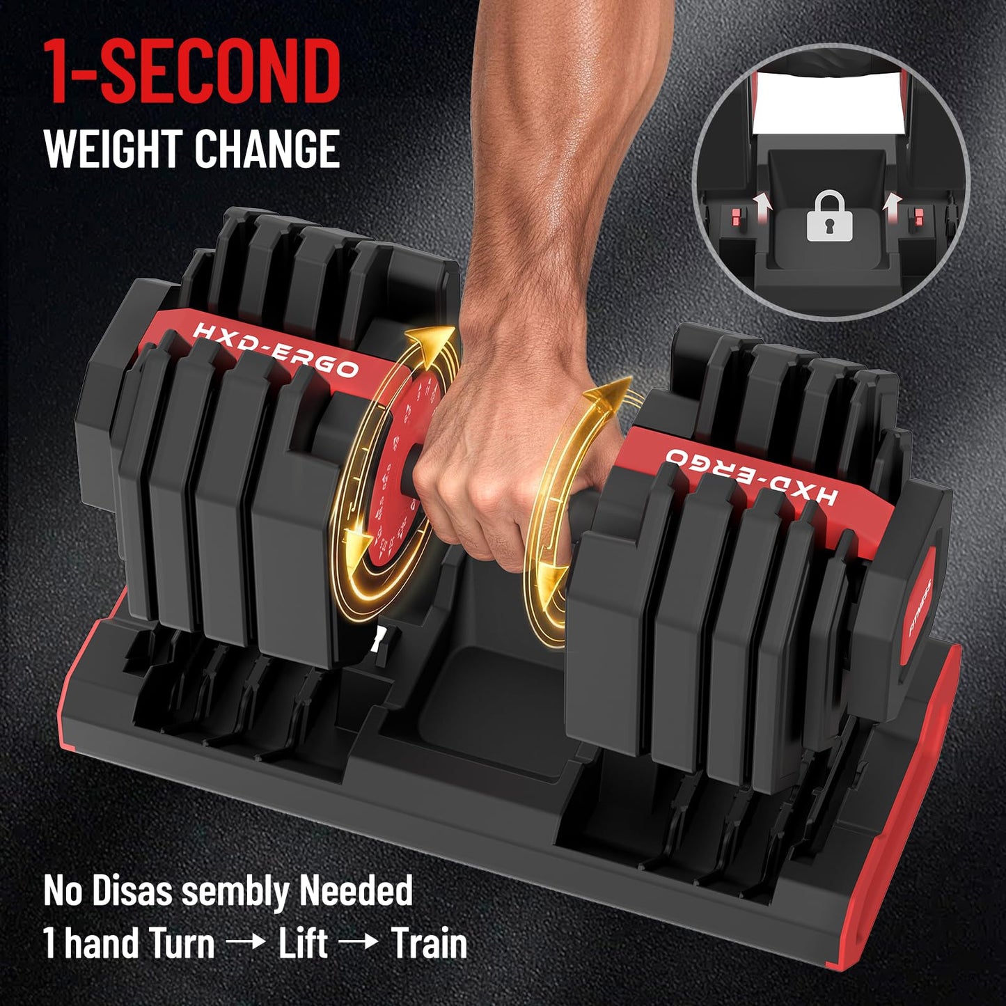 HXD-ERGO 15 IN 1 Adjustable Dumbbell Set/Single, 1-Second Quick Change Weights, 55/110 LBS Free Weights Adjustable Dumbbell with Anti-Slip Grip & Secure Lock, Space-Saving Home Gym Equipment for Men/Women Full Body Workout (Single, 55LBS)