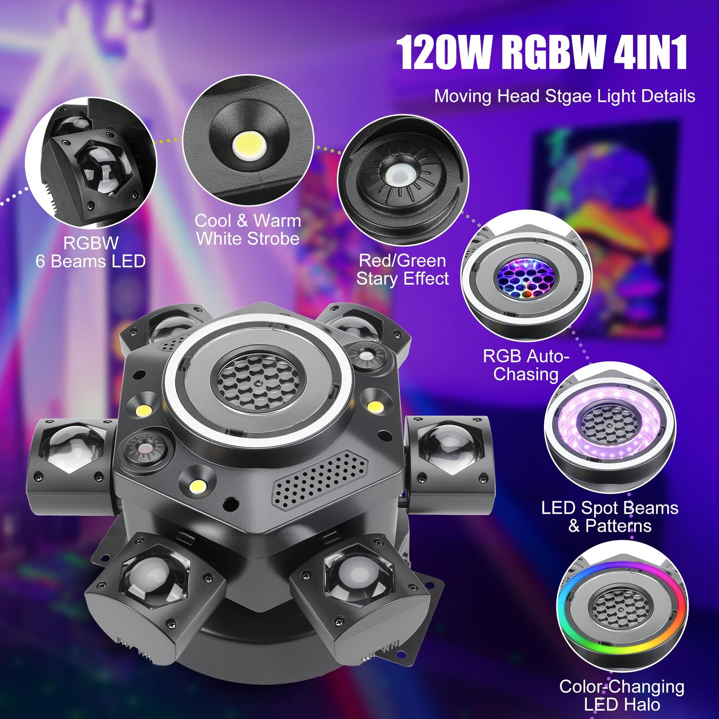 Sklydron Moving Head DJ Lights with Abyss Tunnel Beam Effect,540°X & 180°Y Multi-Head Rotating Beam,6-Arm Stage Lights with Ring Light Supports Starlight,Sound Activated for Disco Club Wedding Party