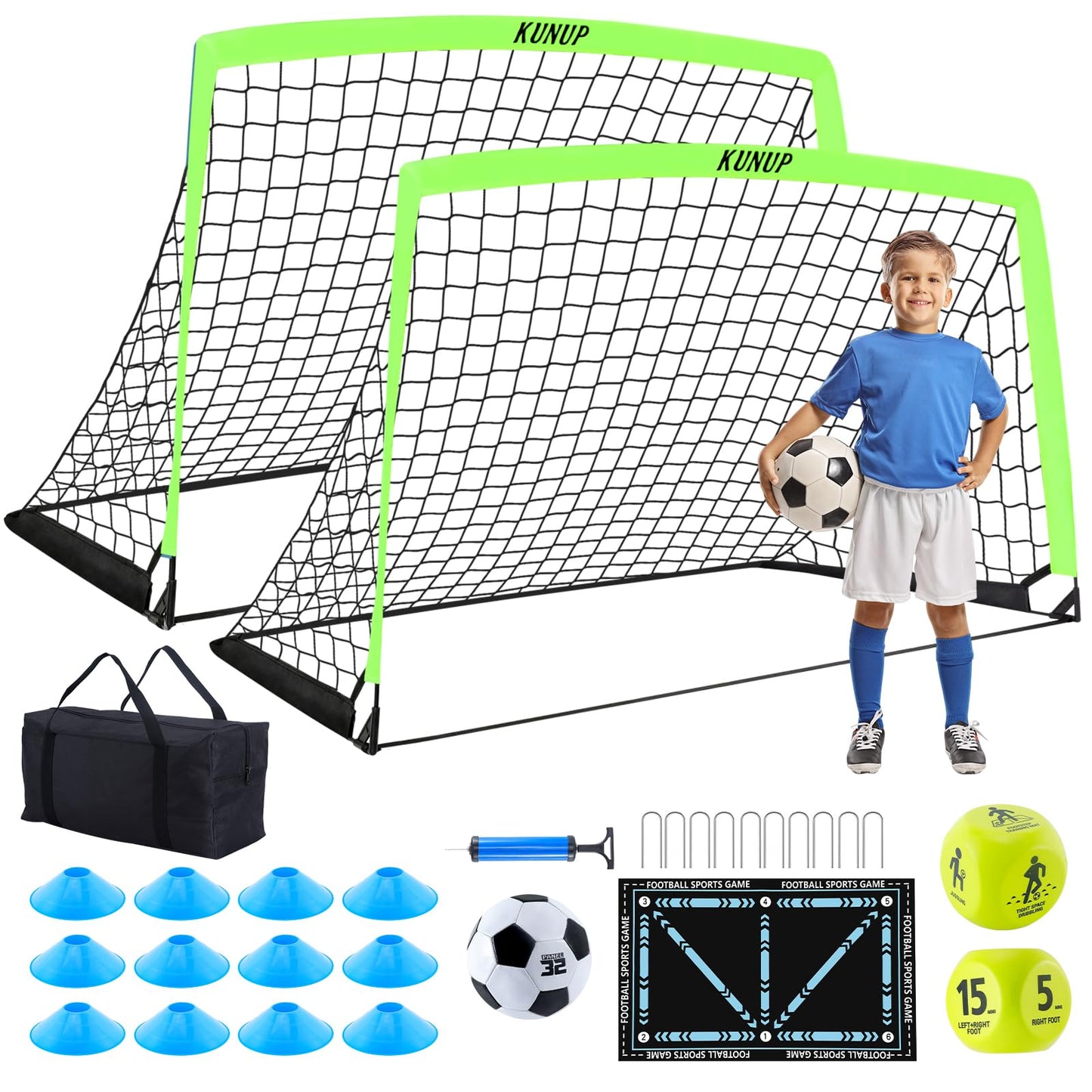 2 Set Kids Soccer Goals for Backyard with Training Equipment, 5×3 Portable Foldable Practice Nets with Ball, Dice & Mat, Cones, Air Pump and Carry Bag for Toddler Youth Outdoor Sports Game