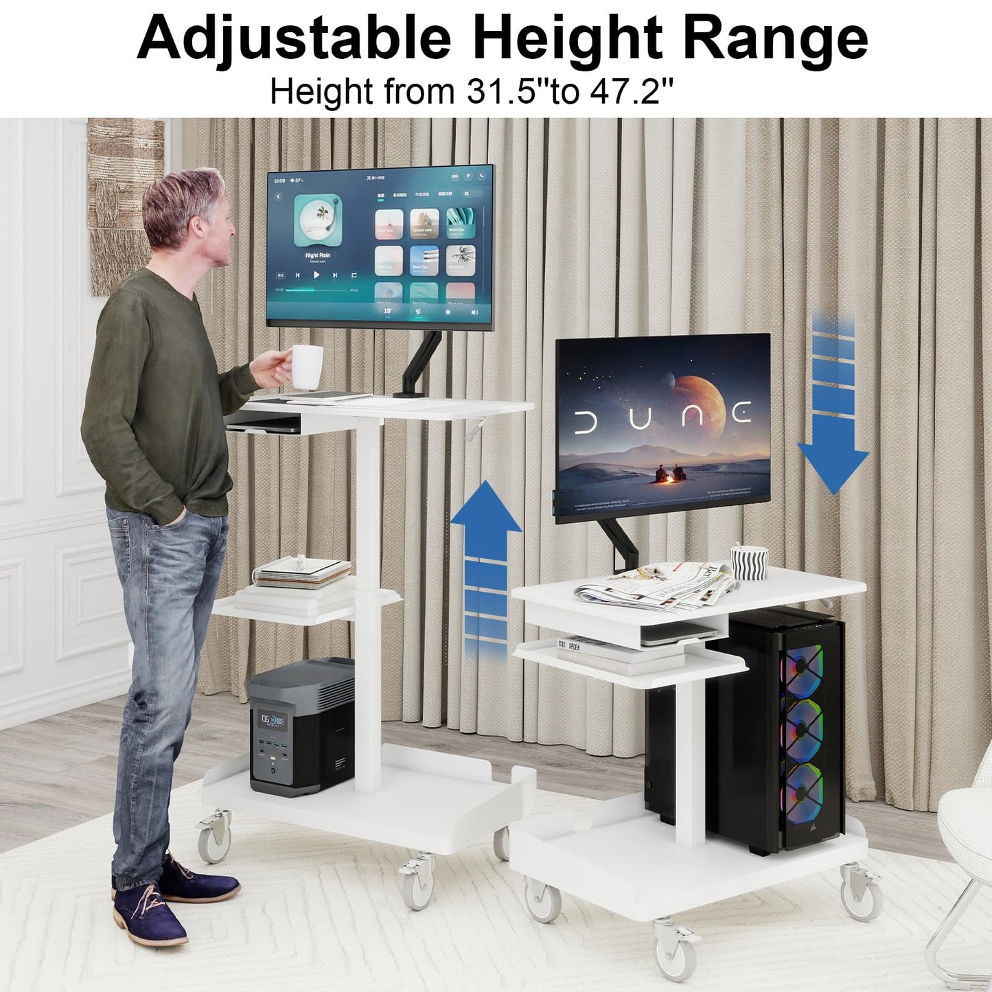 Natwind Mobile Workstation Cart with Monitor Mount,Height Adjustable Rolling Computer Cart, Heavy-Duty Rolling Standing Desk with CPU Holder for Home Office, School,Warehouse, Medical, Workshop
