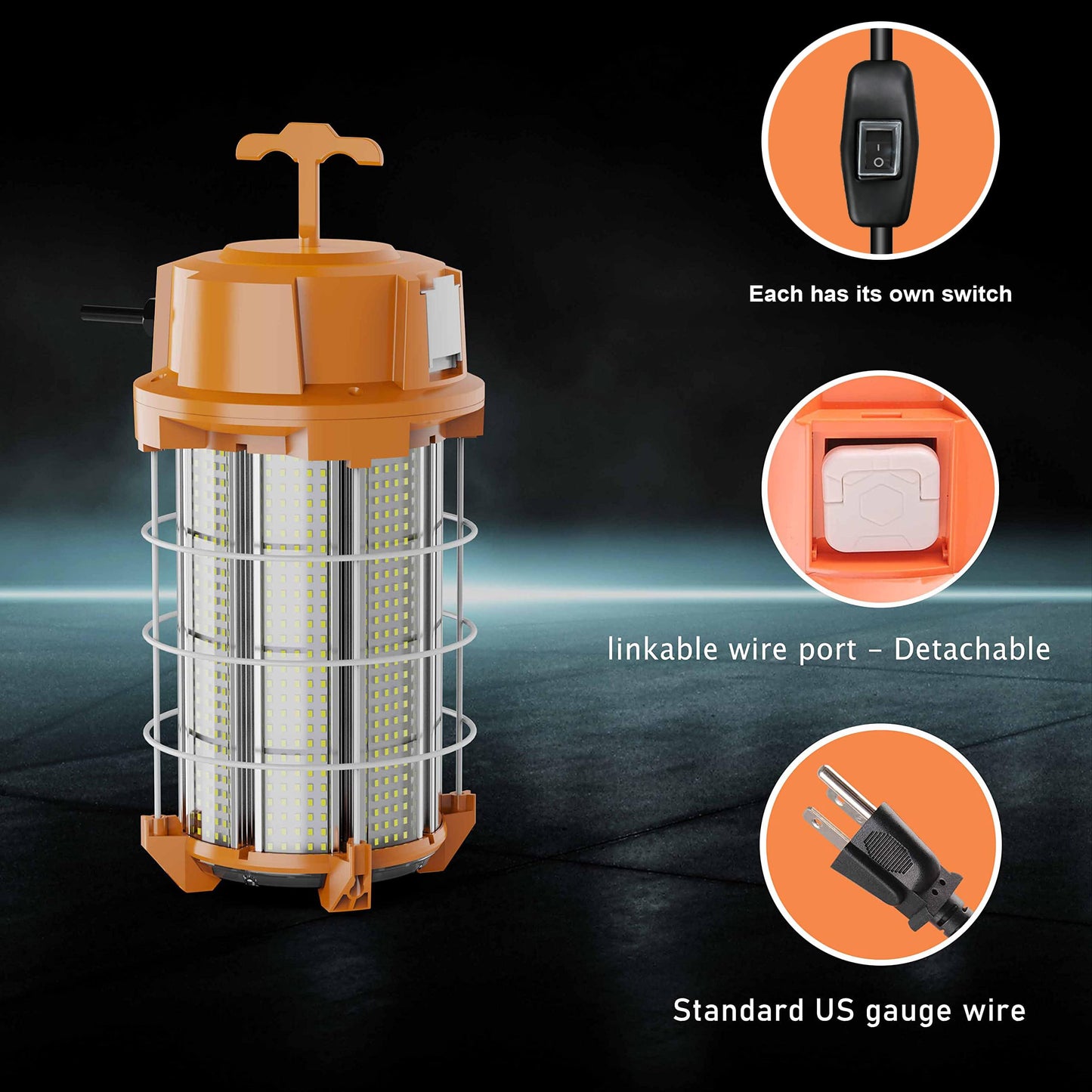 250W LED Temporary Work Light 37,500 Lumens Construction Lights 5000K Portable Linkable IP65 High Lumen Super Bright Durable Job Site Lighting with ON/Off Button for Indoor and Outdoor Area Lighting