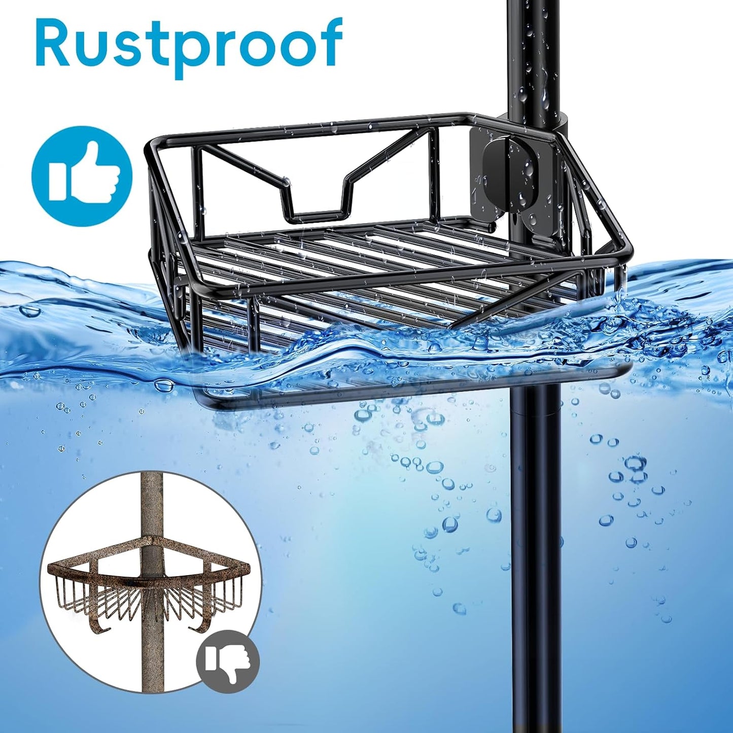 Skycarper 5-Tier Adjustable Corner Shower Caddy - Rustproof Tension Pole, 62-116 Inch, Black
